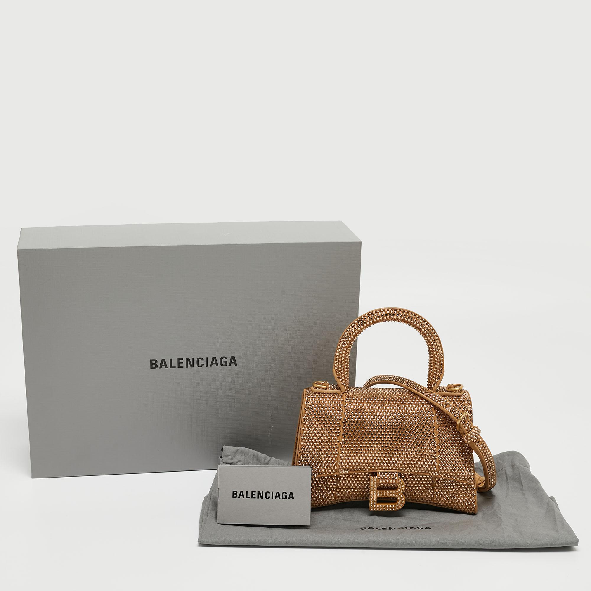 Balenciaga Gold/Brown Leather XS Crystal Hourglass Top Handle Bag 11
