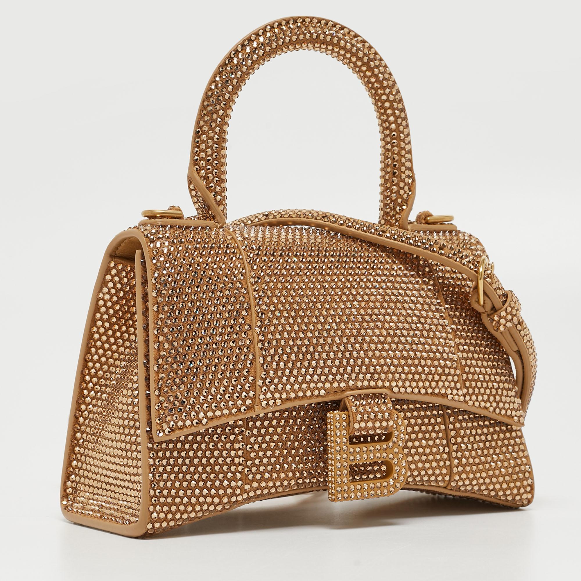 Women's Balenciaga Gold/Brown Leather XS Crystal Hourglass Top Handle Bag