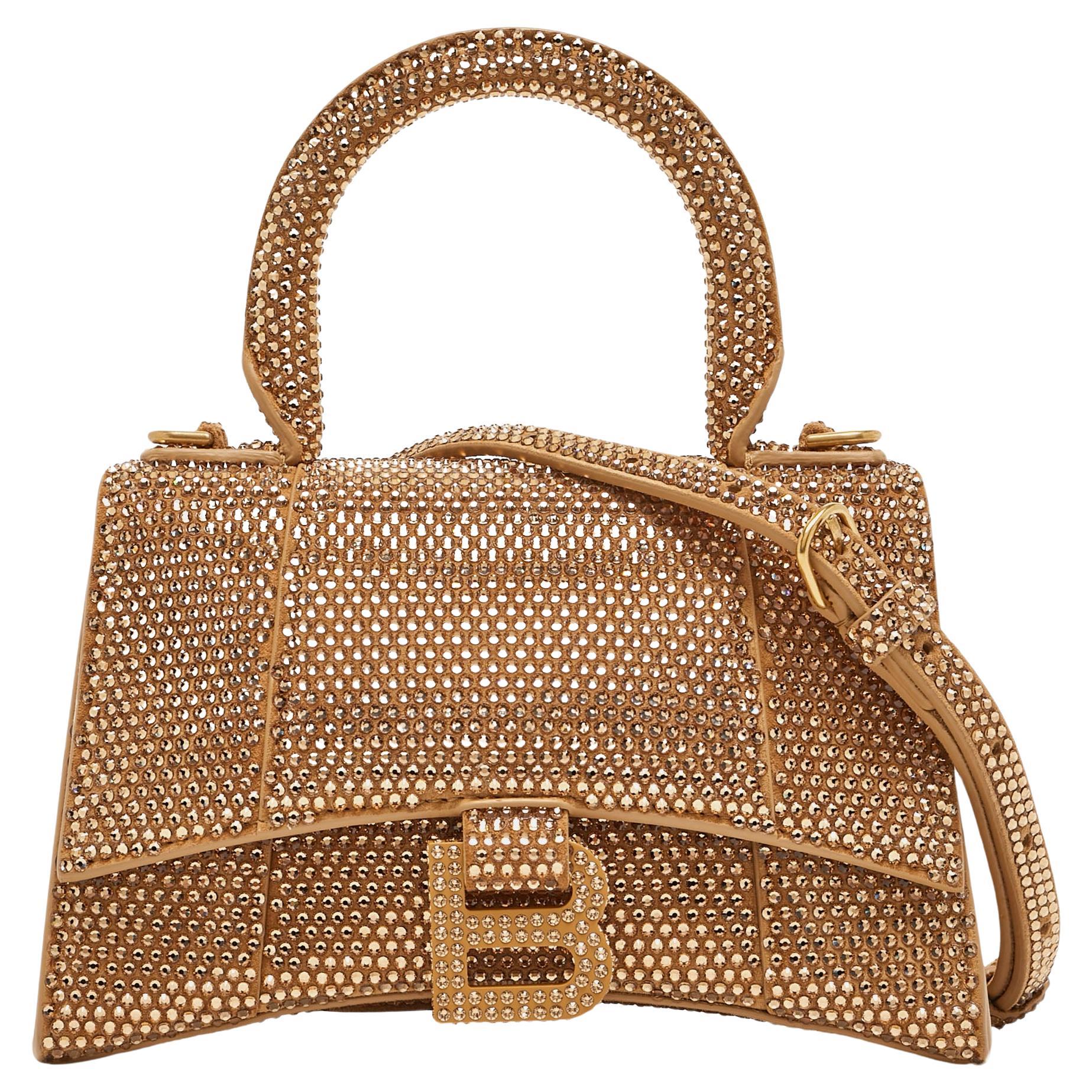 Balenciaga Gold/Brown Leather XS Crystal Hourglass Top Handle Bag