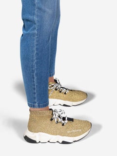 Balenciaga Gold Metallic Speed Lace Up Trainers Size UK 3