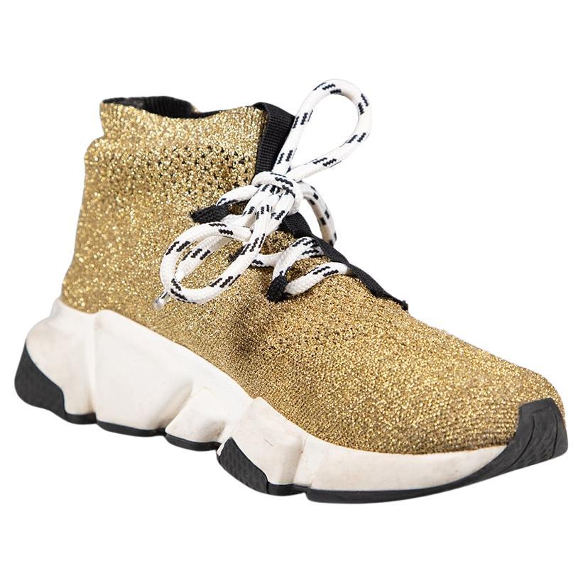 Balenciaga Gold Metallic Speed Lace Up Trainers Size UK 3