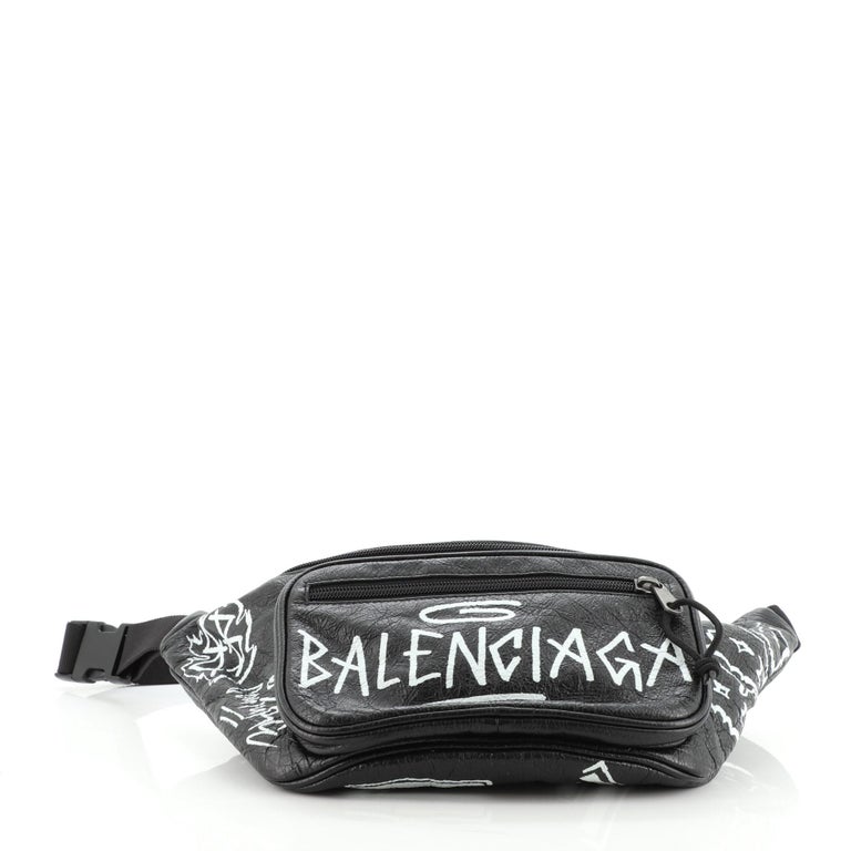 Balenciaga Black Graffiti Print Leather Logo Belt Bag Balenciaga