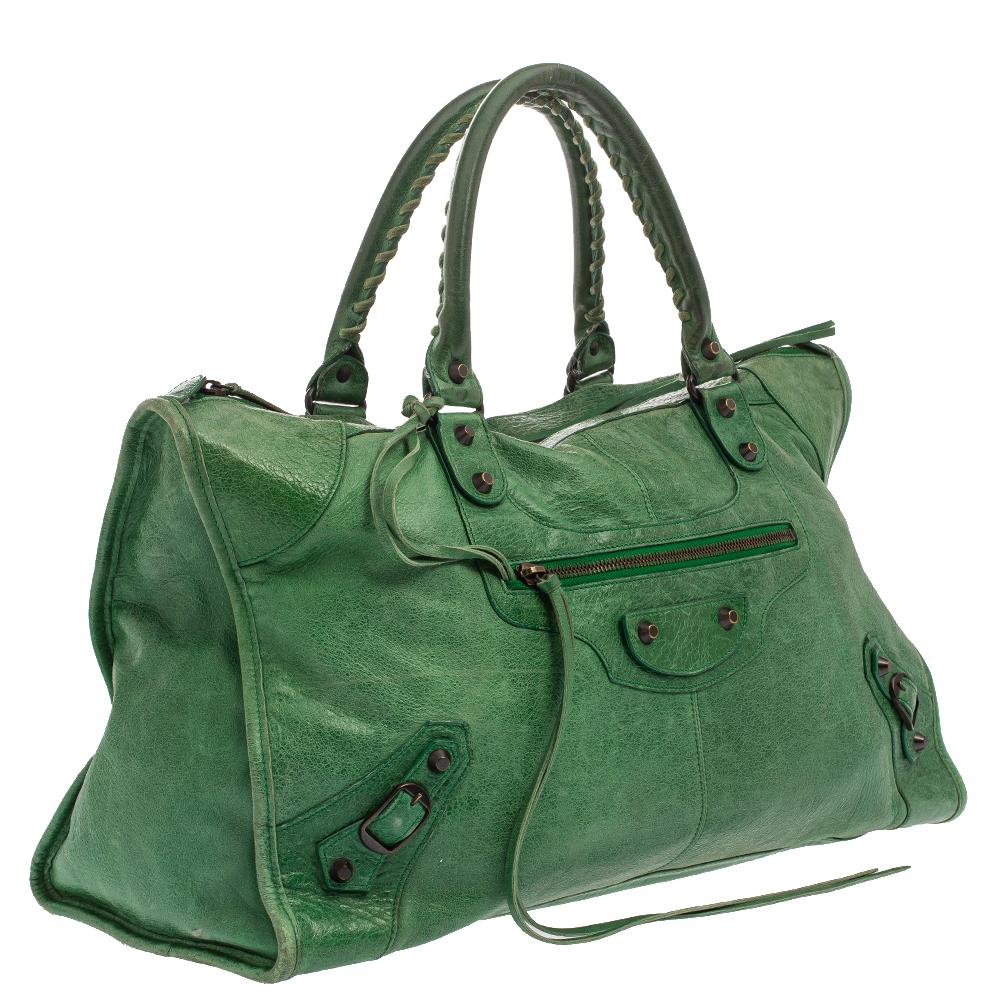 green leather work bag