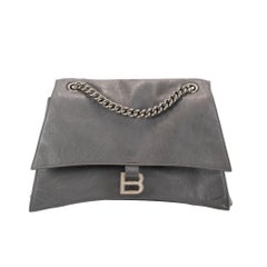 Balenciaga Gray Leather Silver Hardware Crush Chain Medium Flap Shoulder Bag
