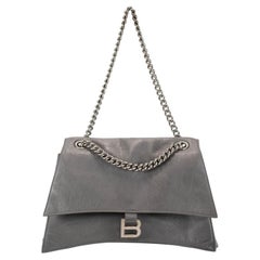 Balenciaga Gray Leather Silver Hardware Crush Chain Medium Flap Shoulder Bag