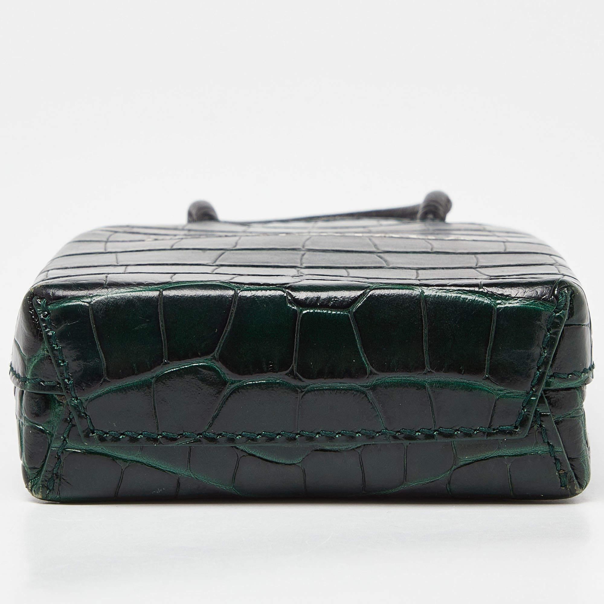 Women's Balenciaga Green/Black Croc Embossed Leather Phone Crossbody Bag