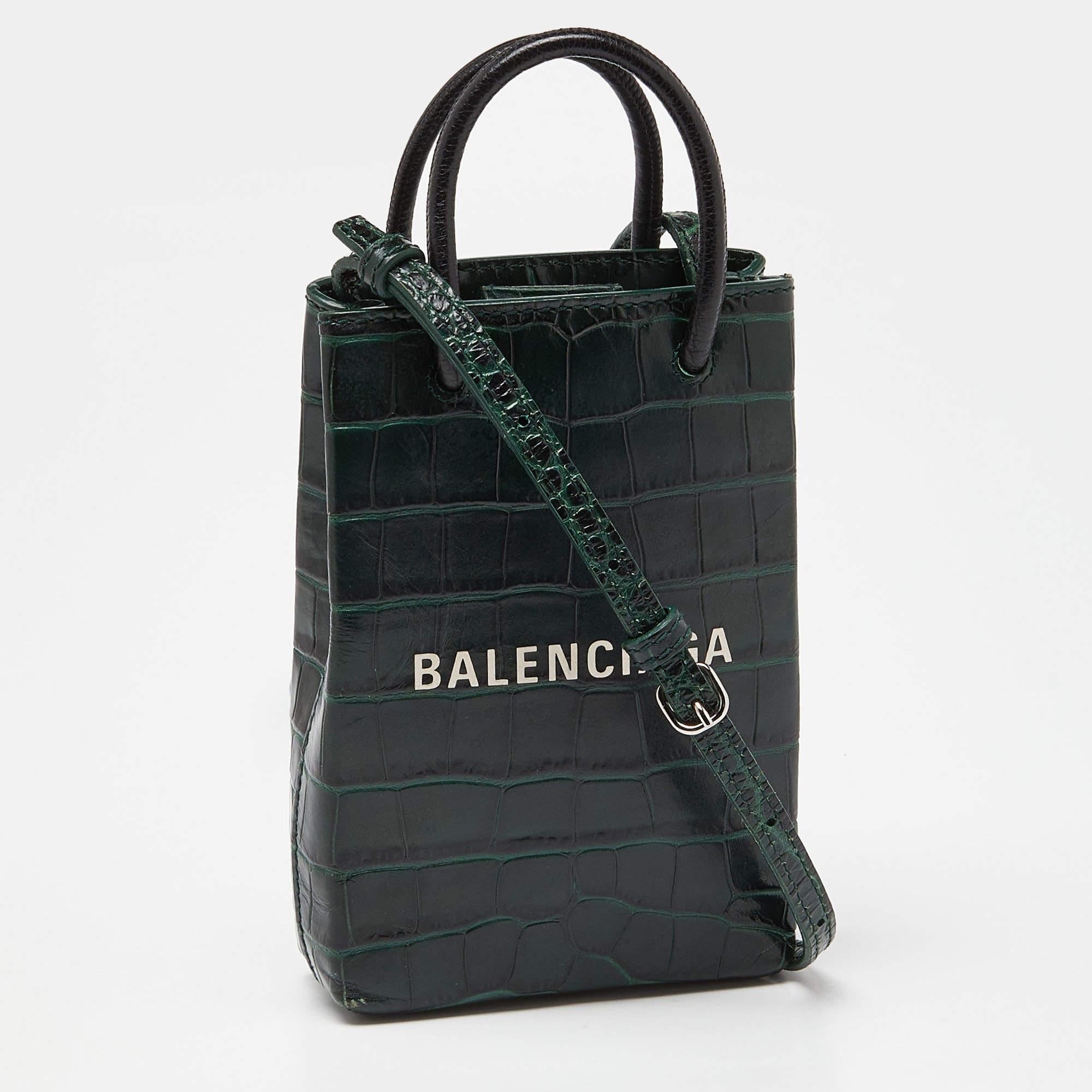 Balenciaga Green/Black Croc Embossed Leather Phone Crossbody Bag For Sale 5