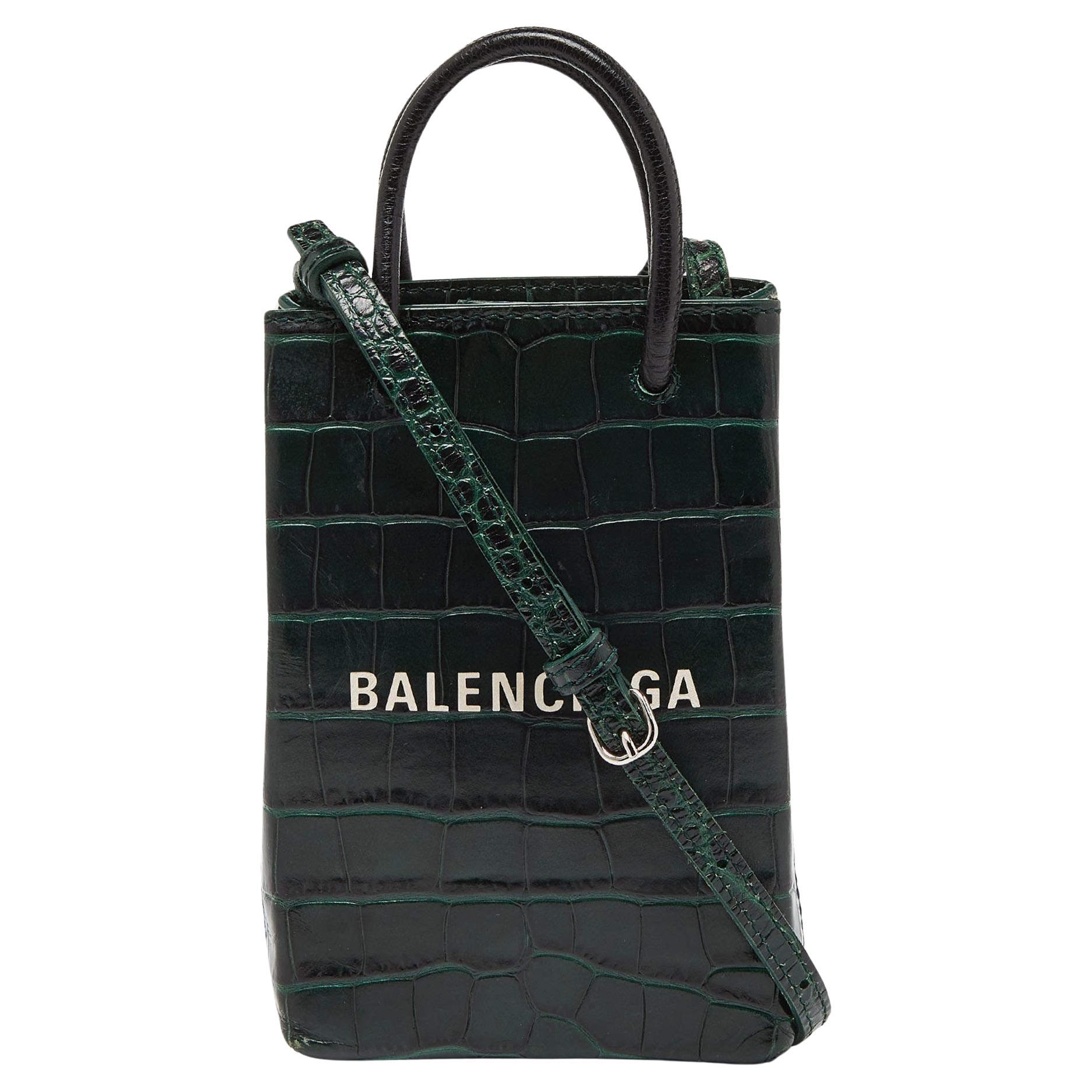 Balenciaga Green/Black Croc Embossed Leather Phone Crossbody Bag For Sale
