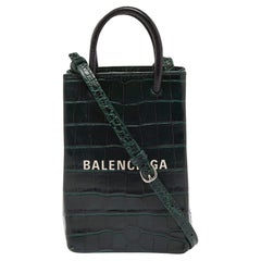 Used Balenciaga Green/Black Croc Embossed Leather Phone Crossbody Bag