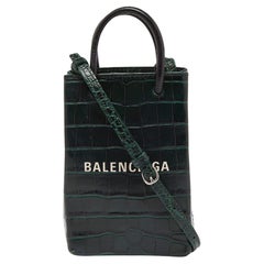 Balenciaga Green/Black Croc Embossed Leather Phone Crossbody Bag