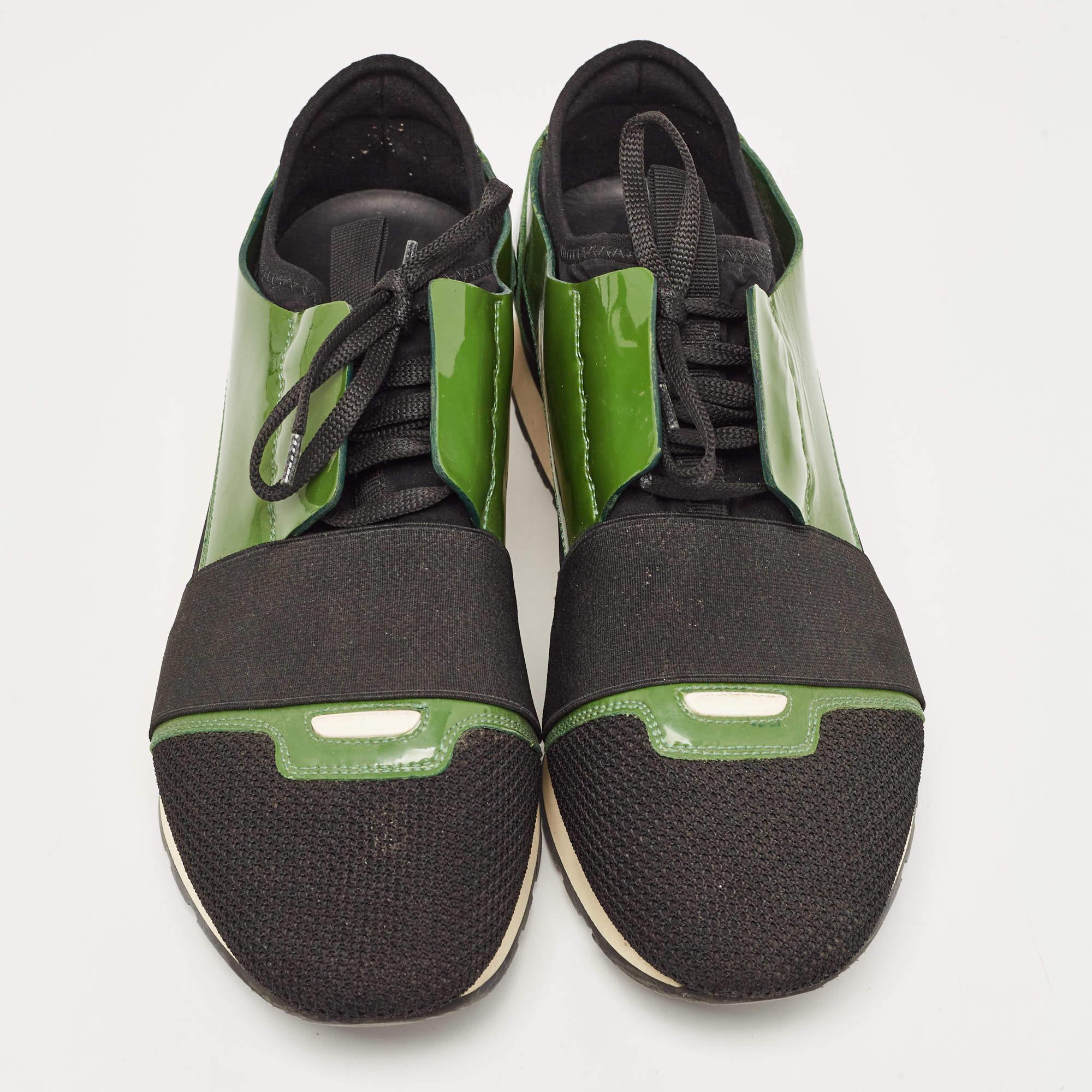 Women's Balenciaga Green/Black Patent Leather and Mesh Race Runner Sneakers Size 41 For Sale