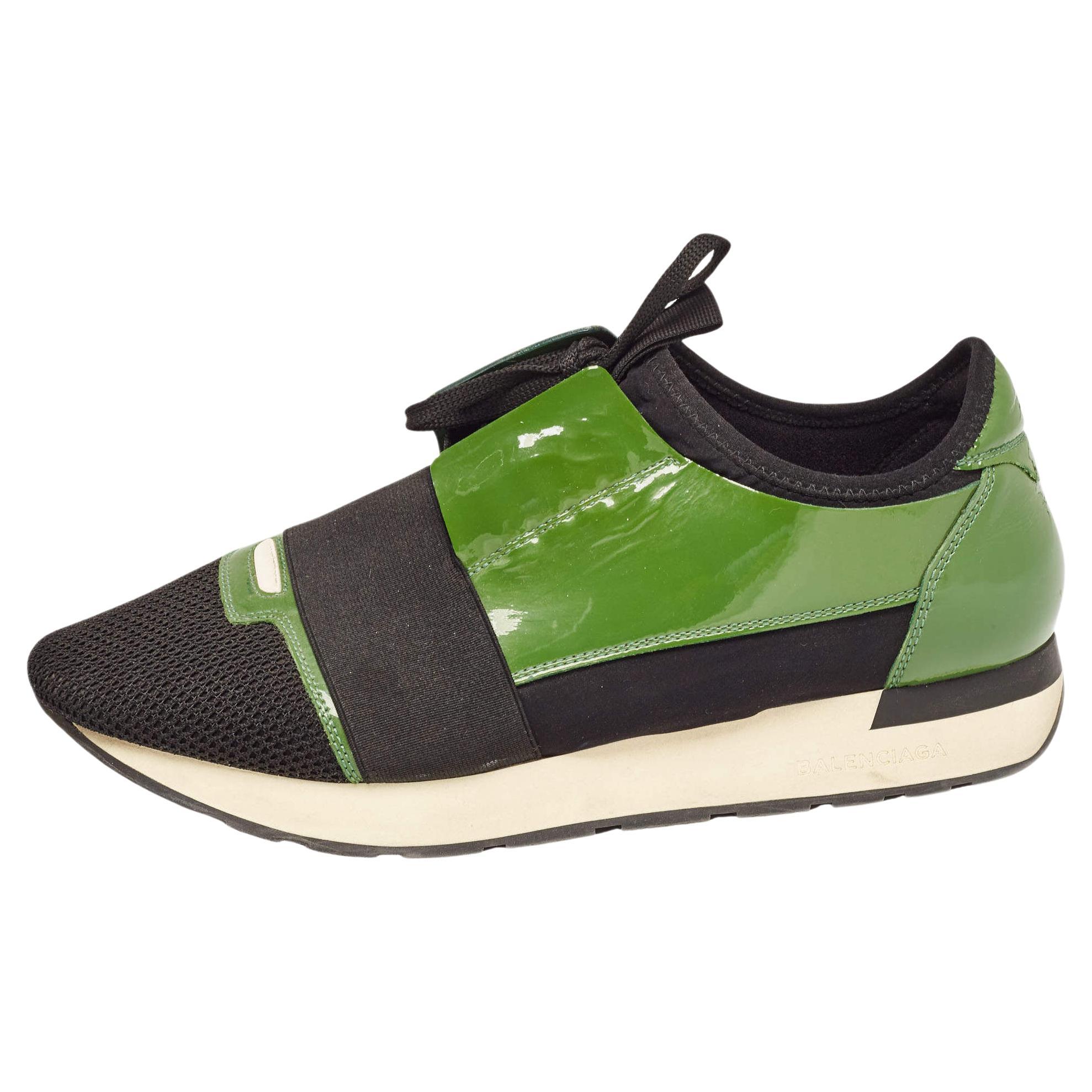 Balenciaga Green/Black Patent Leather and Mesh Race Runner Sneakers Size 41 For Sale