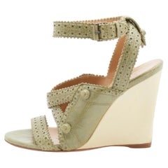 Balenciaga Green Brogue Leather Strappy Wedge Sandals Taglia 36