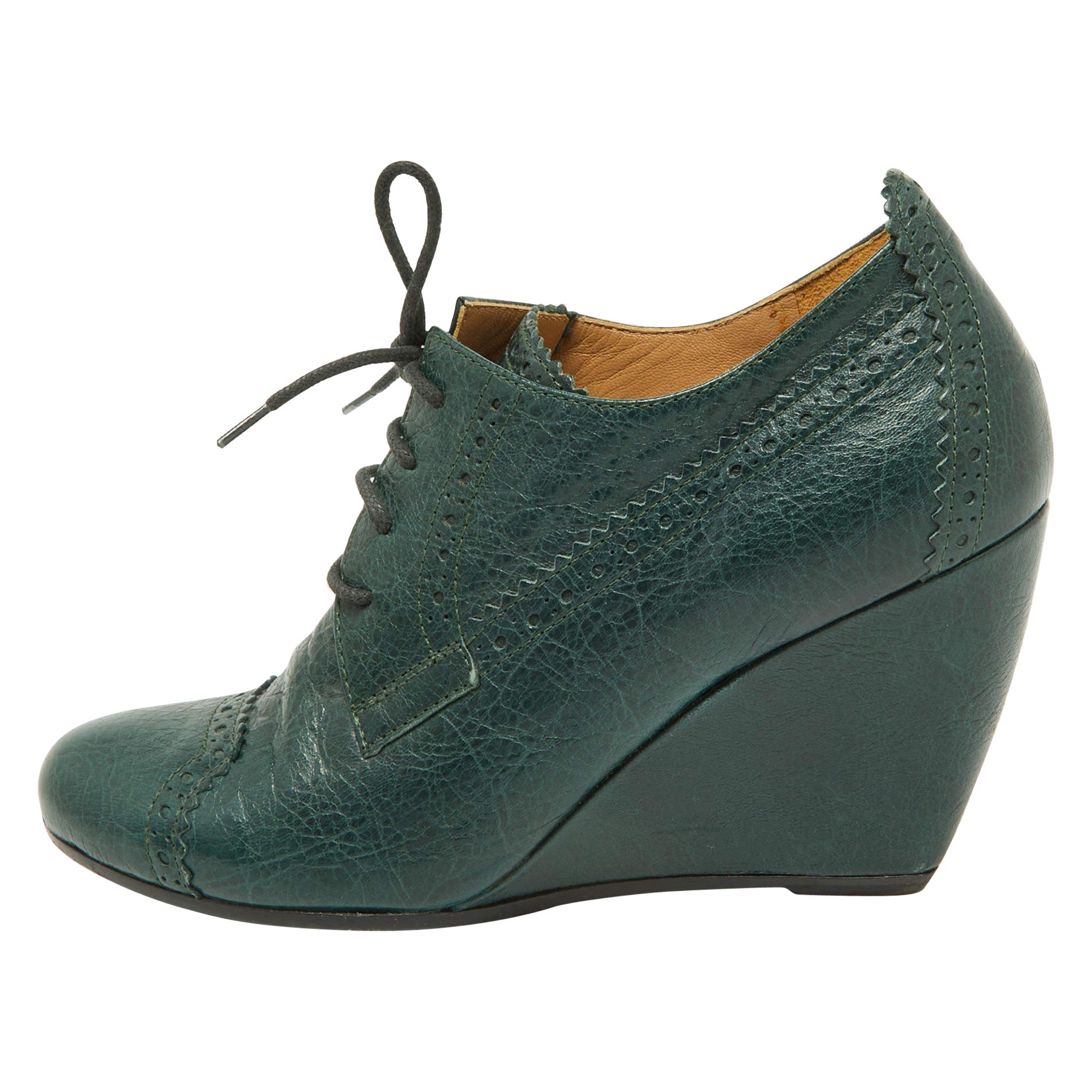 Balenciaga Green Brogue Leather Wedge Derby Size 37