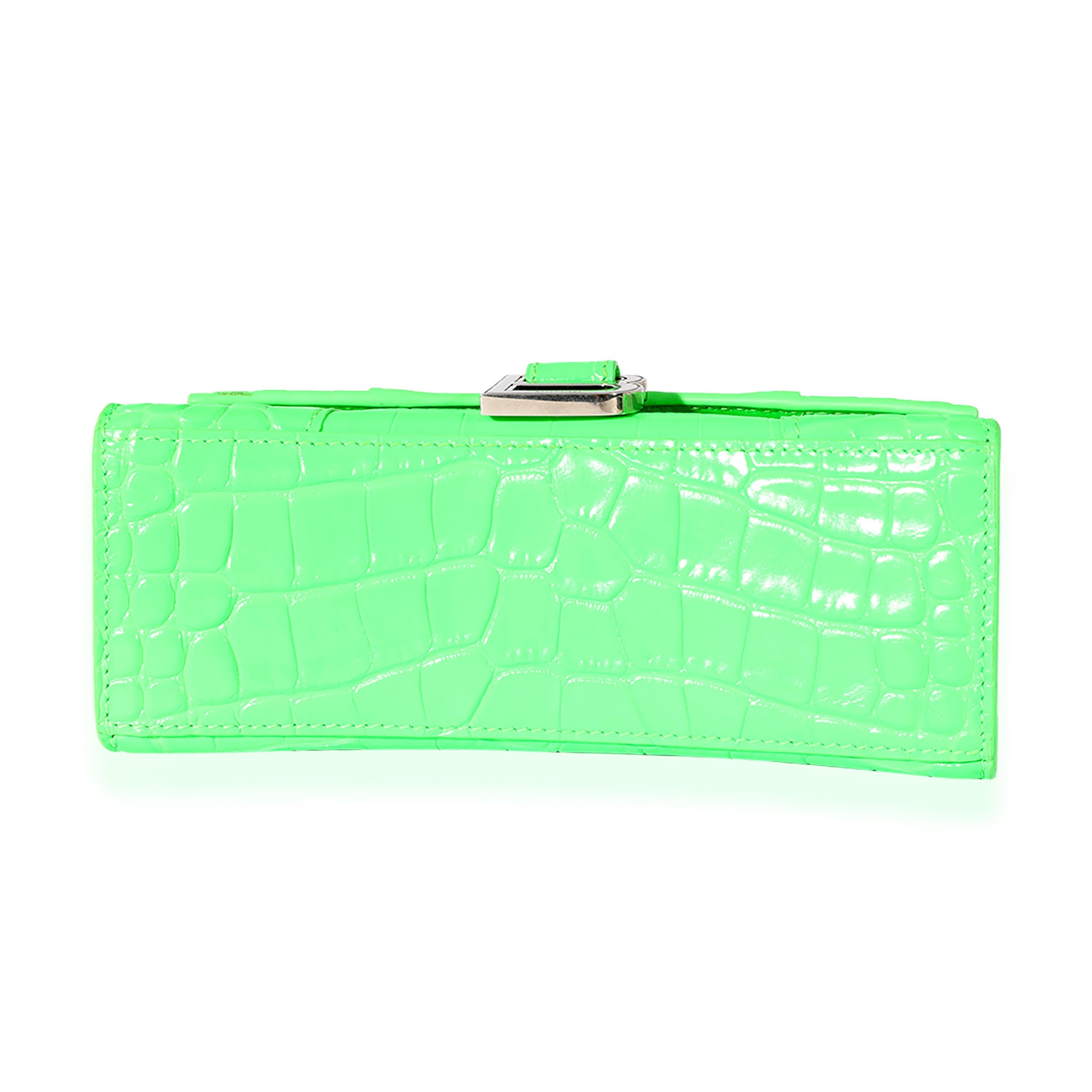 Listing Title: Balenciaga Green Croc Embossed Calfskin XS Hourglass Bag
SKU: 125487
MSRP: 2700.00
Condition: Pre-owned 
Handbag Condition: Very Good
Condition Comments: Very Good Condition. Light discoloration to exterior. Hairline scratching to
