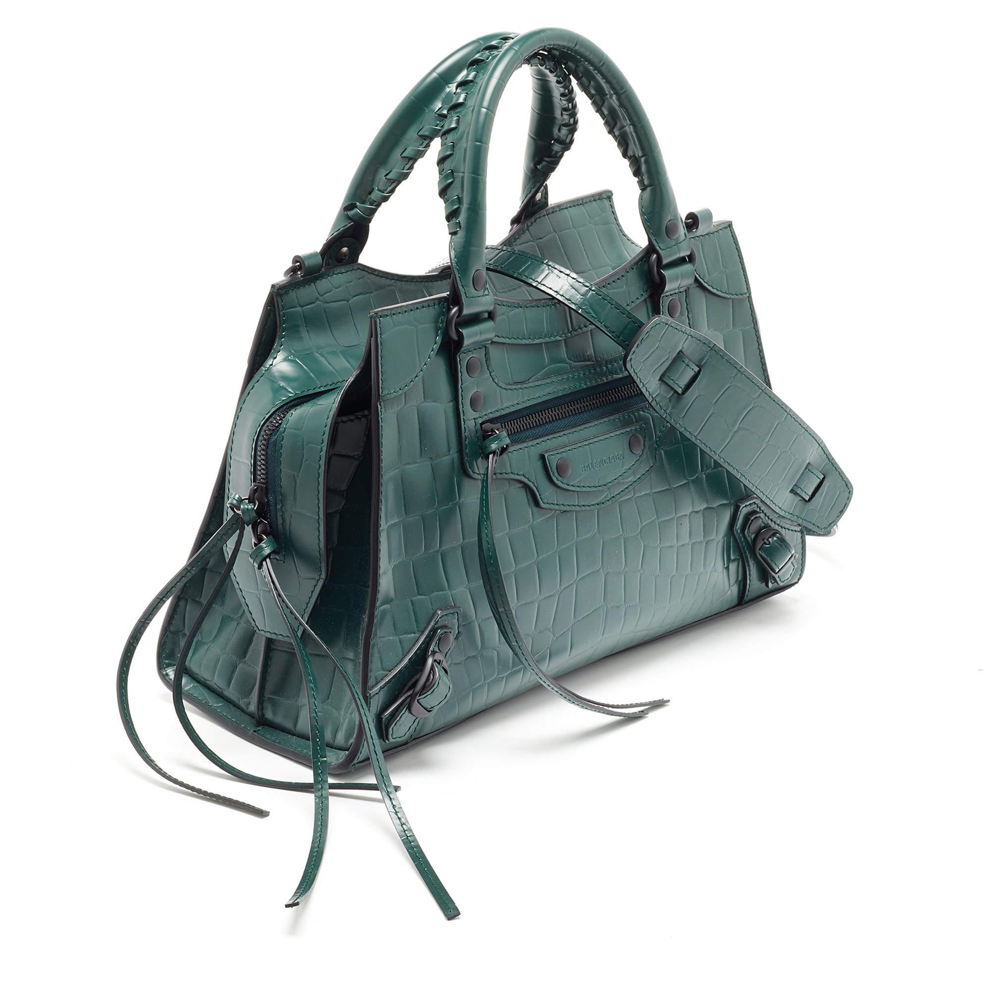Women's Balenciaga Green Croc Embossed Leather Classic City Bag