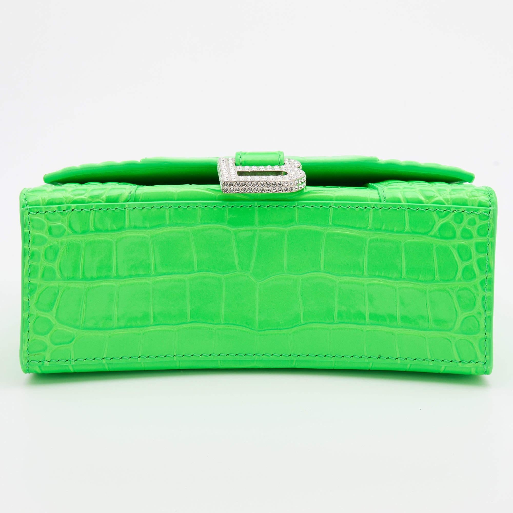 Balenciaga Green Croc Embossed Leather Embellished Hourglass XS Top Handle Bag 3