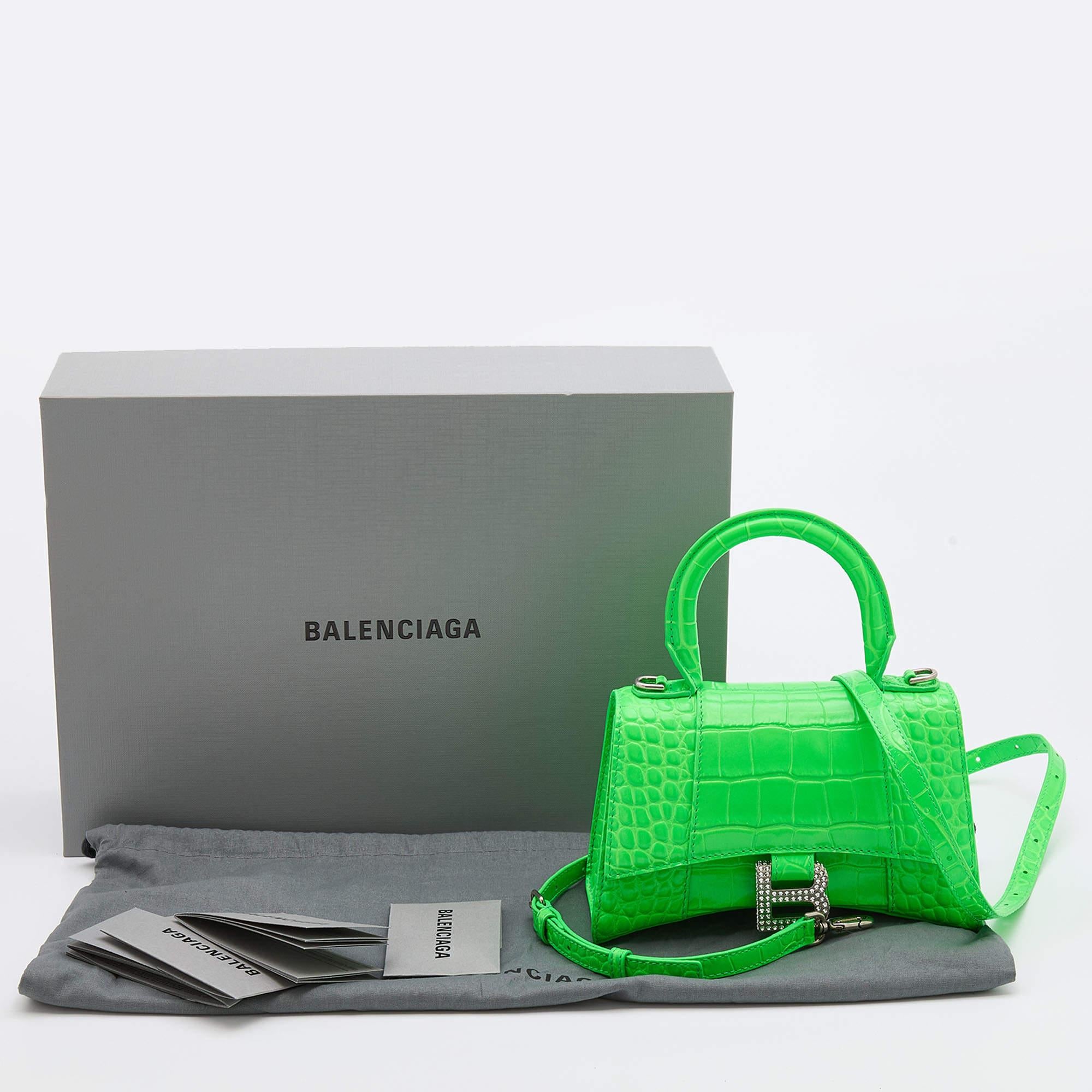 Balenciaga Green Croc Embossed Leather Embellished Hourglass XS Top Handle Bag 4