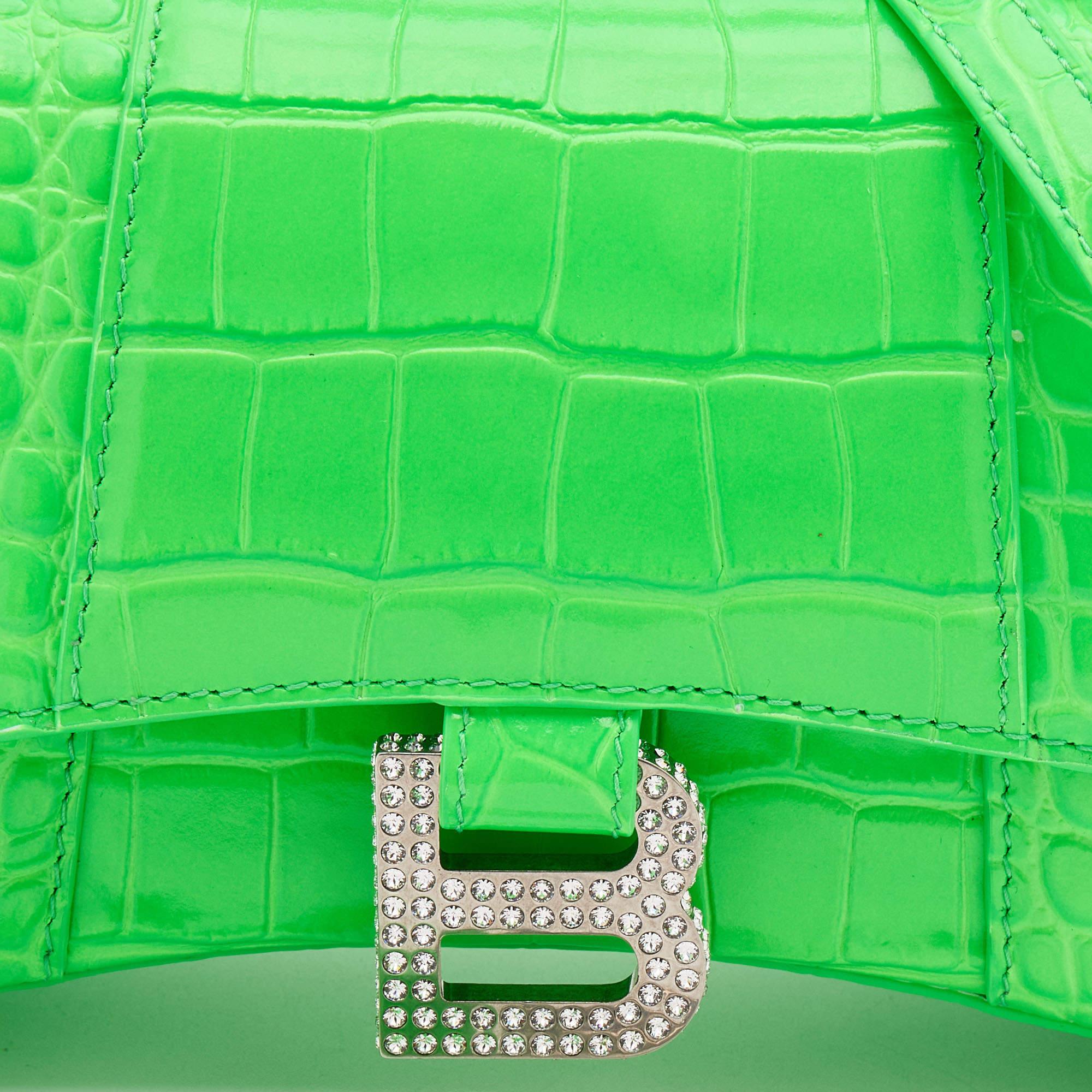 Balenciaga Green Croc Embossed Leather Embellished Hourglass XS Top Handle Bag In New Condition In Dubai, Al Qouz 2