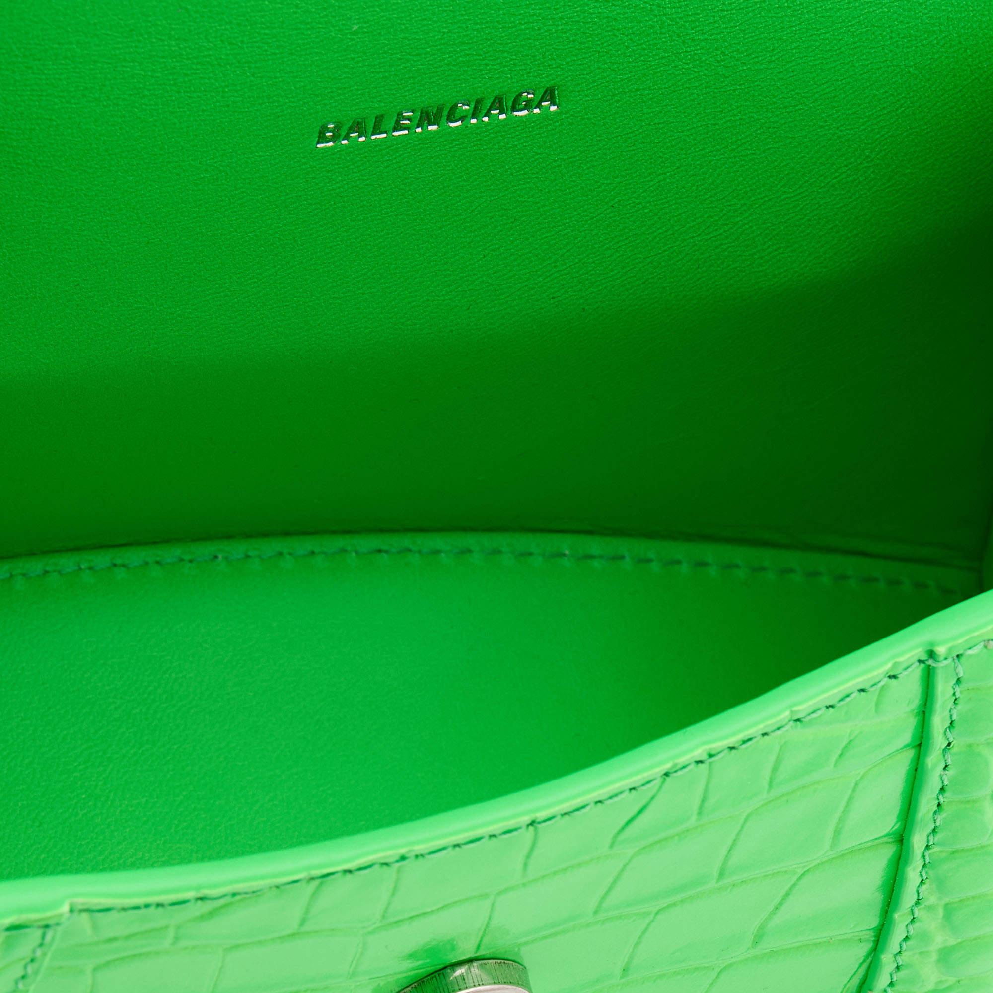 Women's Balenciaga Green Croc Embossed Leather Embellished Hourglass XS Top Handle Bag
