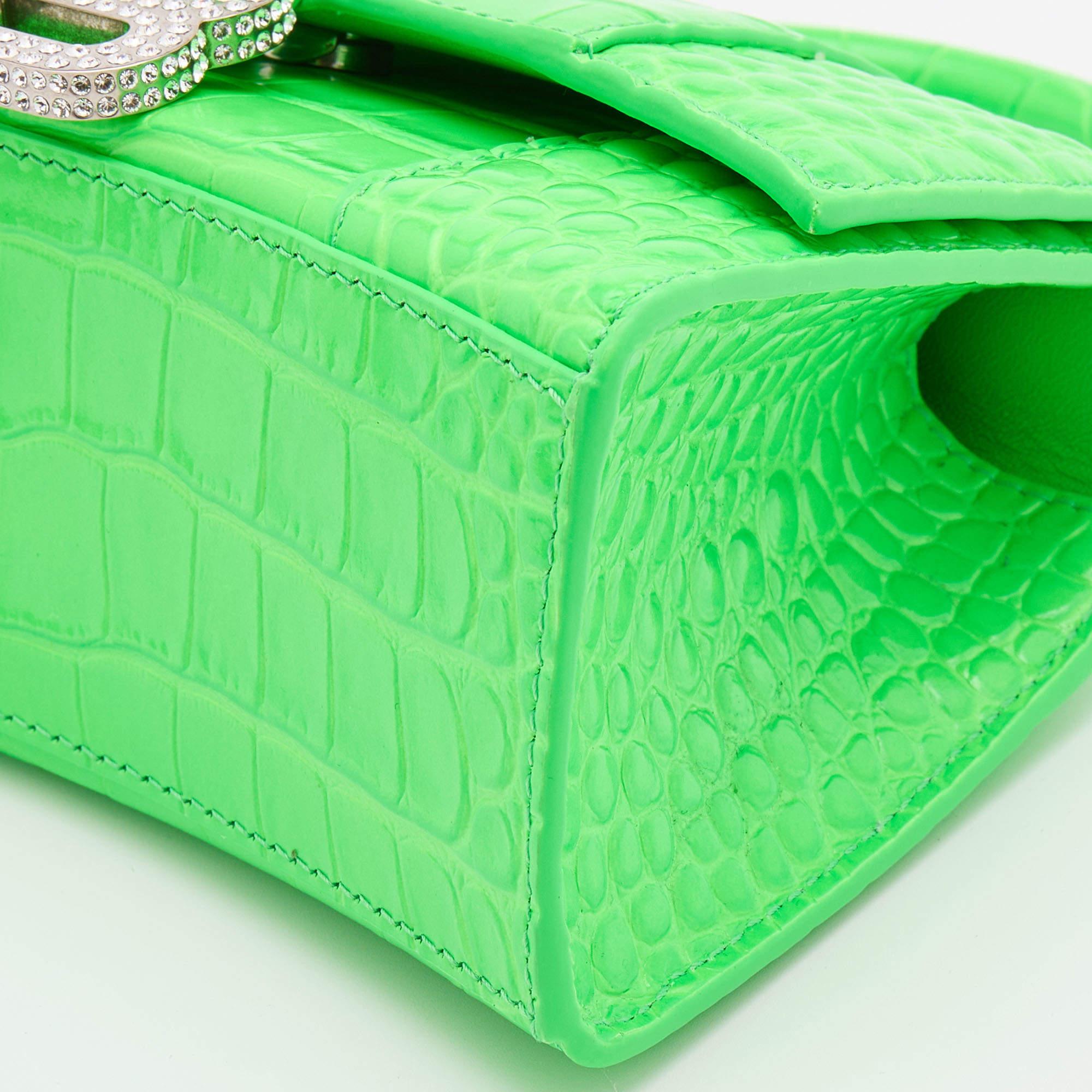 Balenciaga Green Croc Embossed Leather Embellished Hourglass XS Top Handle Bag 1
