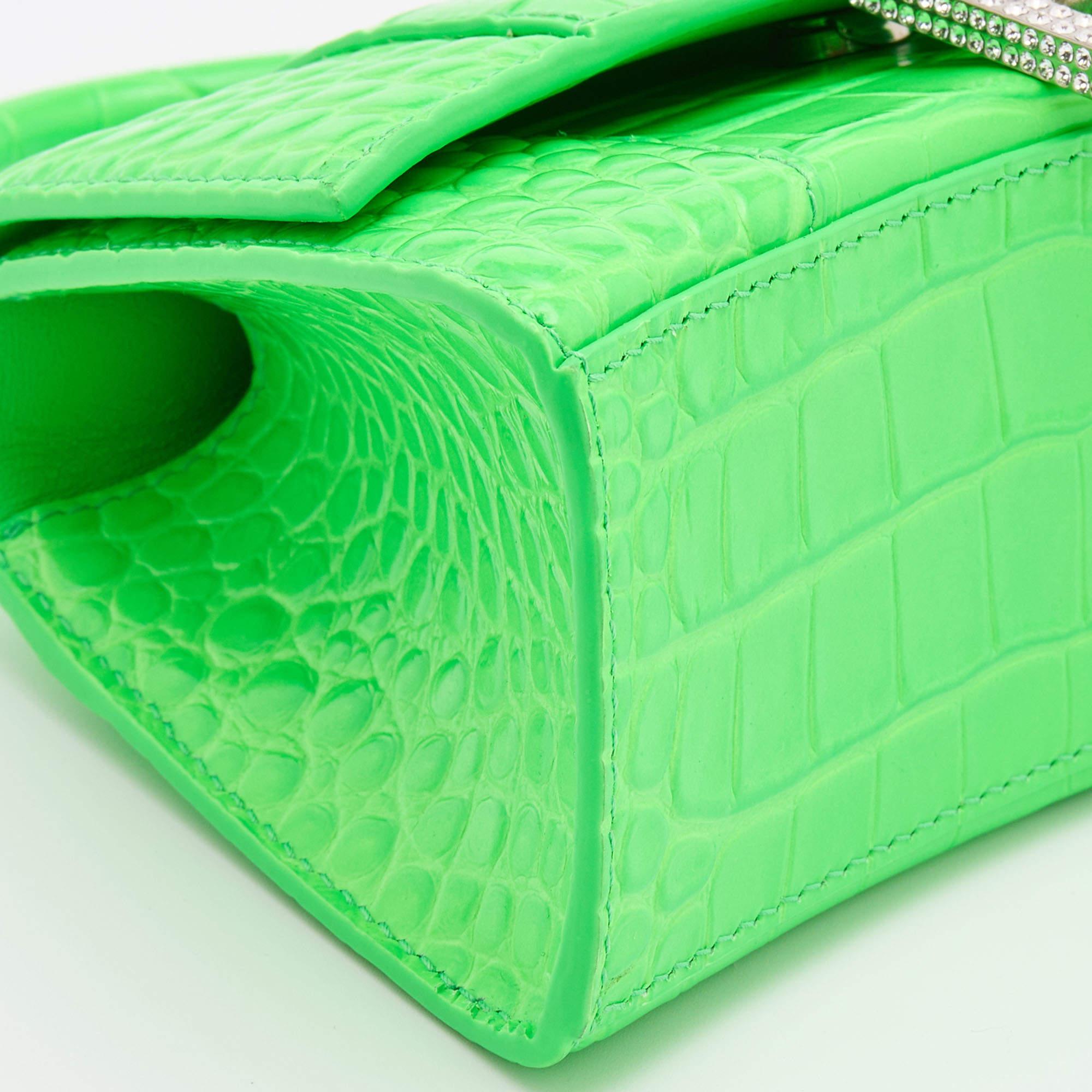Balenciaga Green Croc Embossed Leather Embellished Hourglass XS Top Handle Bag 2