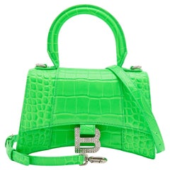 Balenciaga Green Croc Embossed Leather Embellished Hourglass XS Top Handle Bag