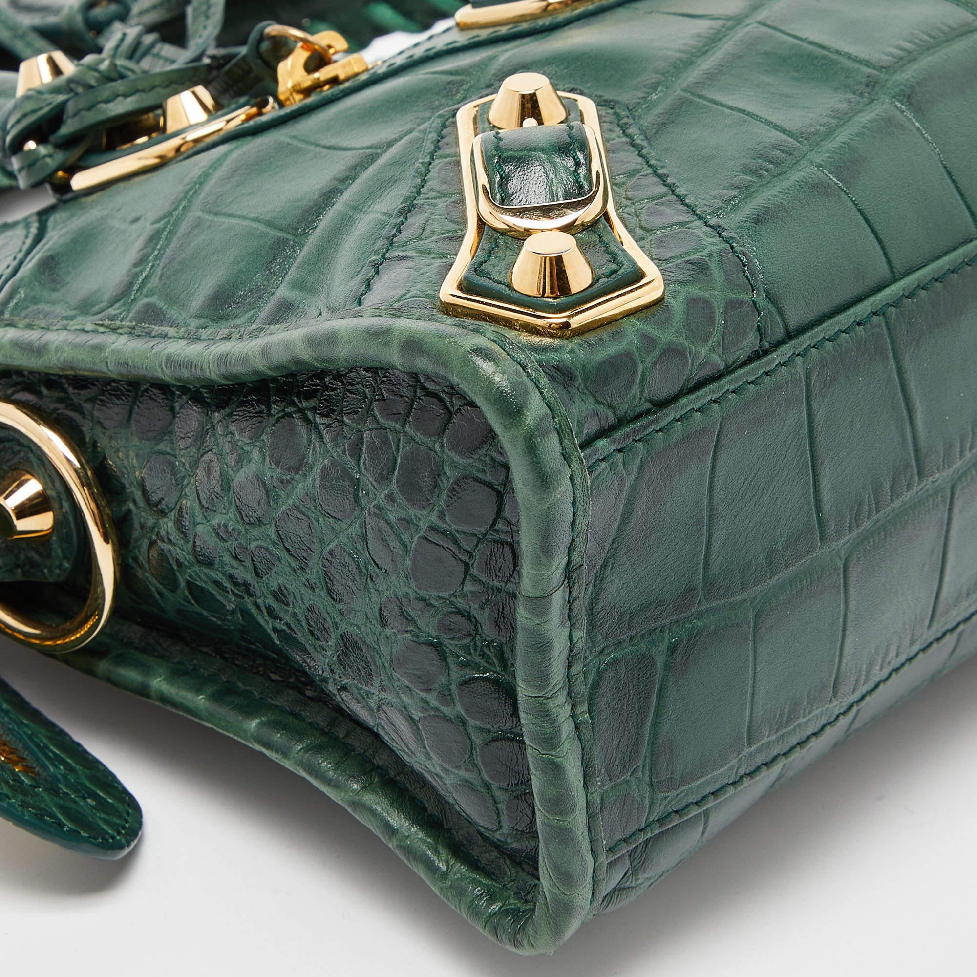 Balenciaga Green Croc Embossed Leather Mini Classic Metallic Edge City Bag 7