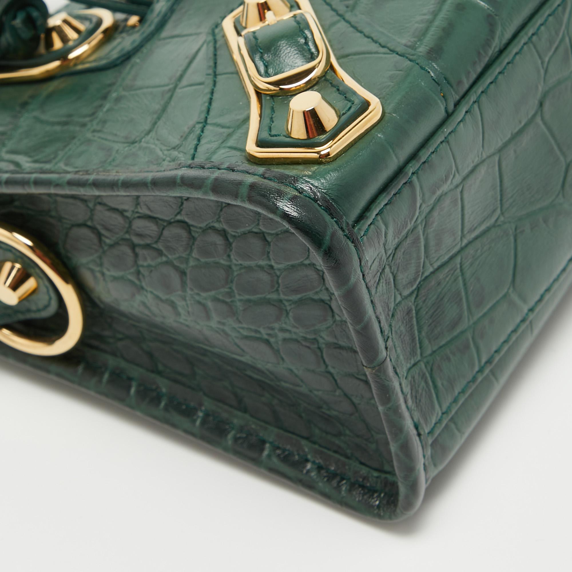 Balenciaga Green Croc Embossed Leather Mini Classic Metallic Edge City Bag 6