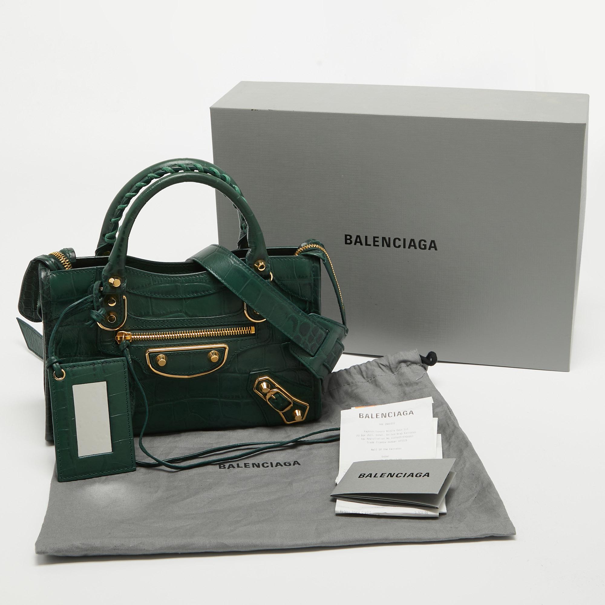 Balenciaga Green Croc Embossed Leather Mini Classic Metallic Edge City Bag 9