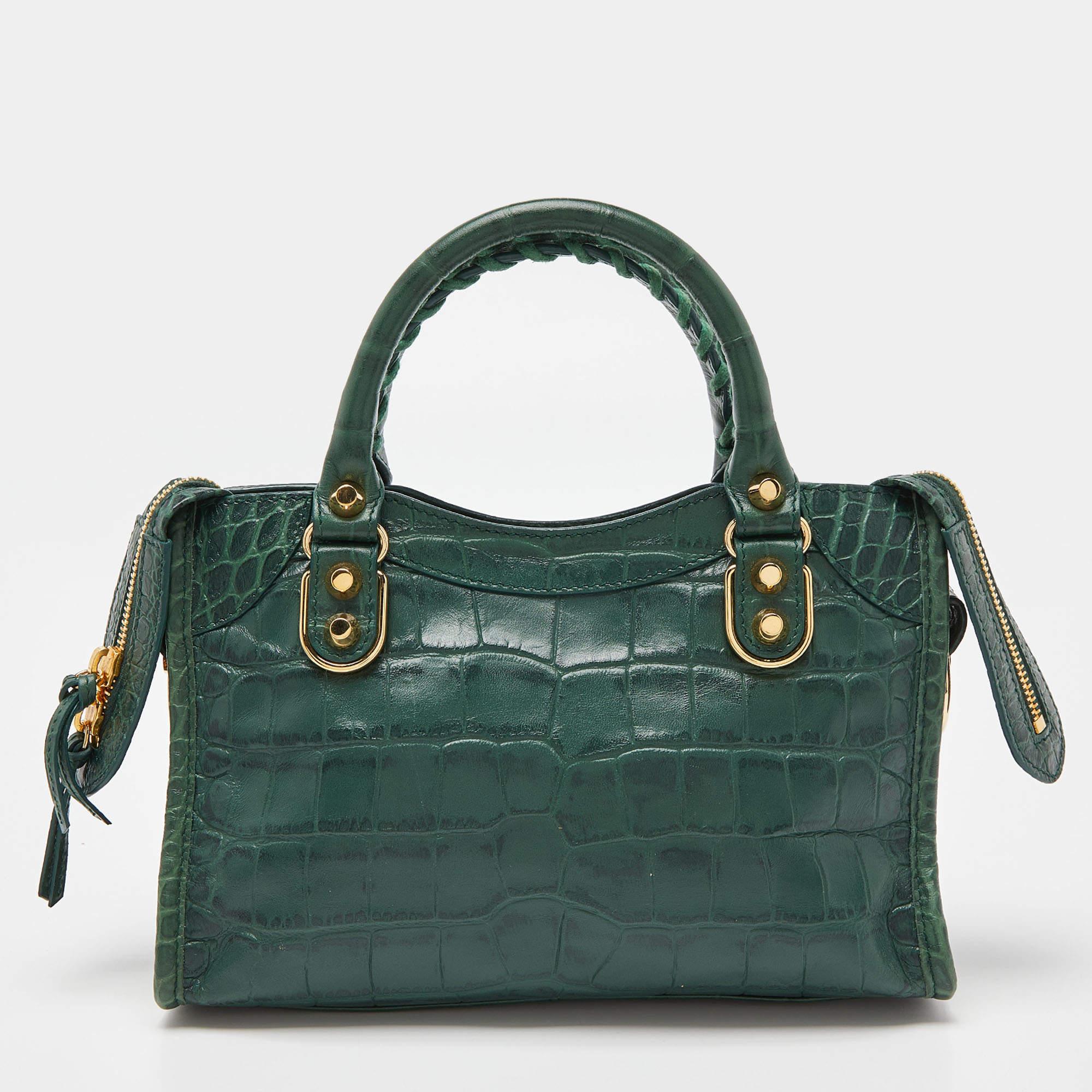 Balenciaga Green Croc Embossed Leather Mini Classic Metallic Edge City Bag In Excellent Condition In Dubai, Al Qouz 2