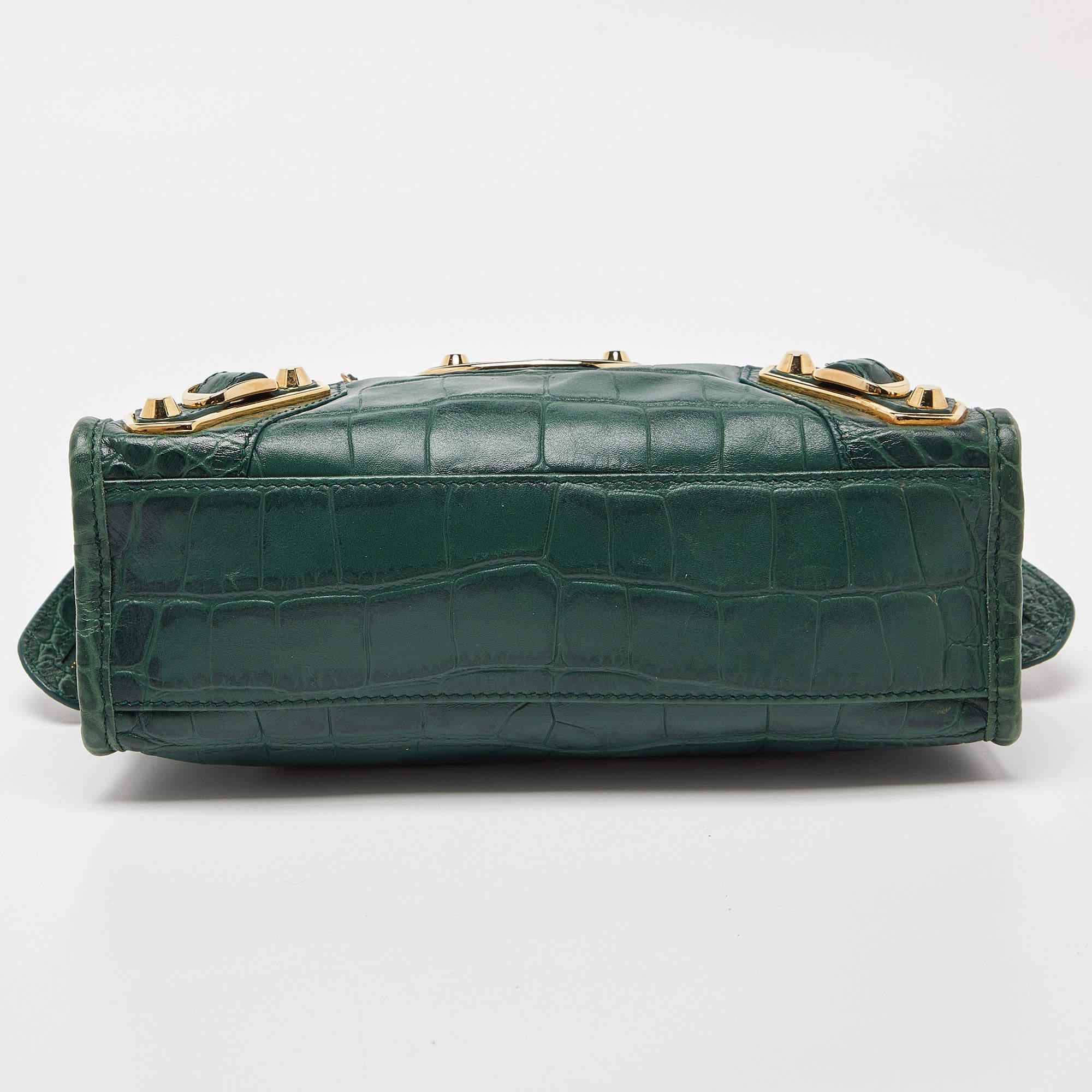 Balenciaga Green Croc Embossed Leather Mini Classic Metallic Edge City Bag 1