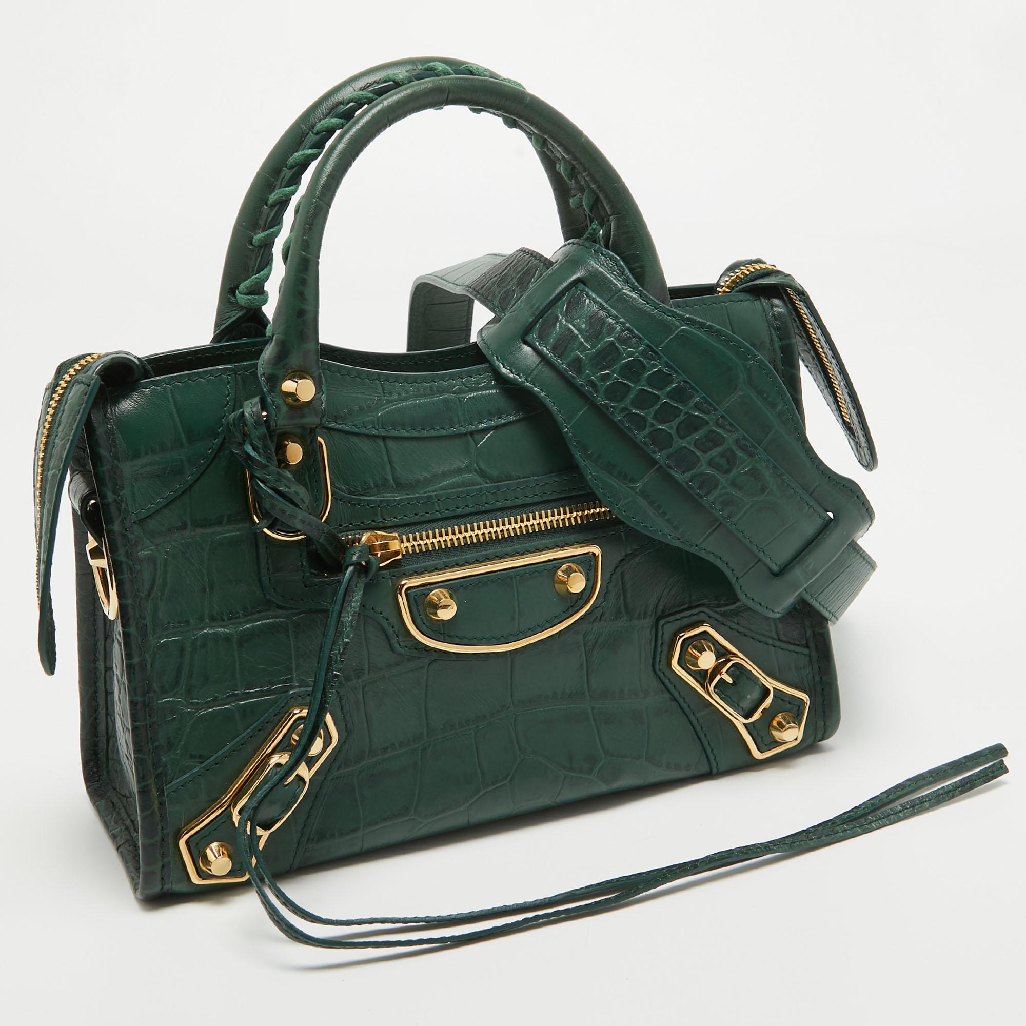 Women's Balenciaga Green Croc Embossed Leather Mini Classic Metallic Edge City Bag