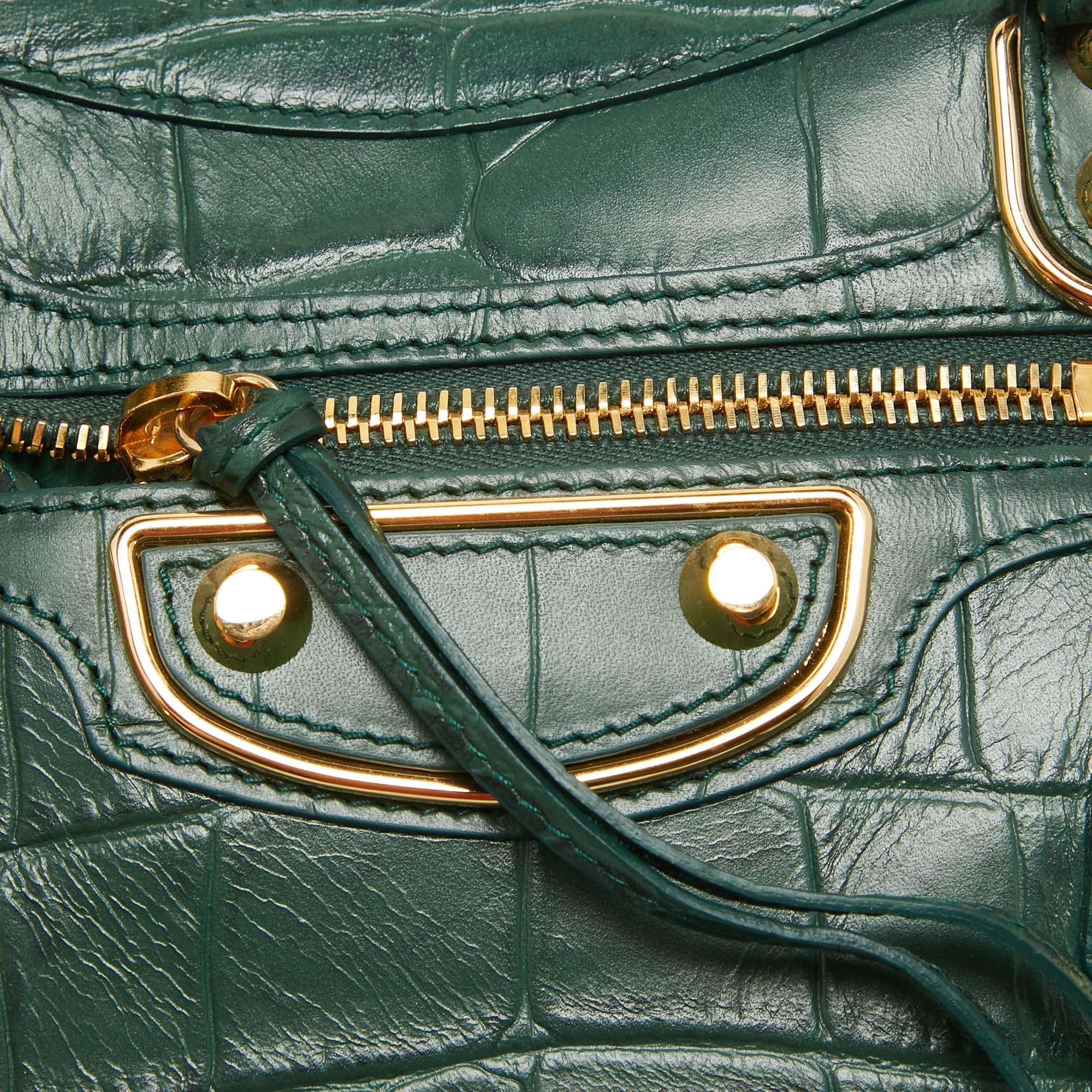 Balenciaga Green Croc Embossed Leather Mini Classic Metallic Edge City Bag 2