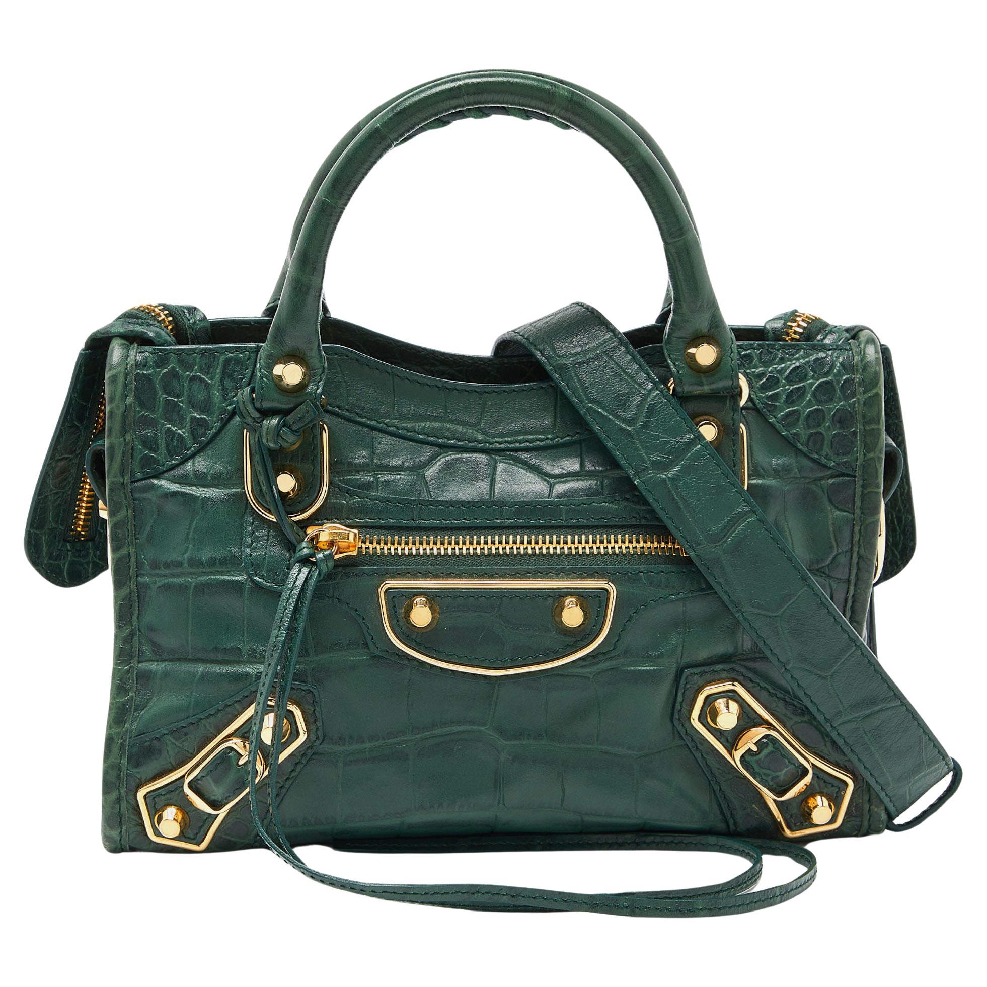 Balenciaga Green Croc Embossed Leather Mini Classic Metallic Edge City Bag