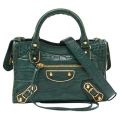 Balenciaga Green Croc Embossed Leather Mini Classic Metallic Edge City Bag