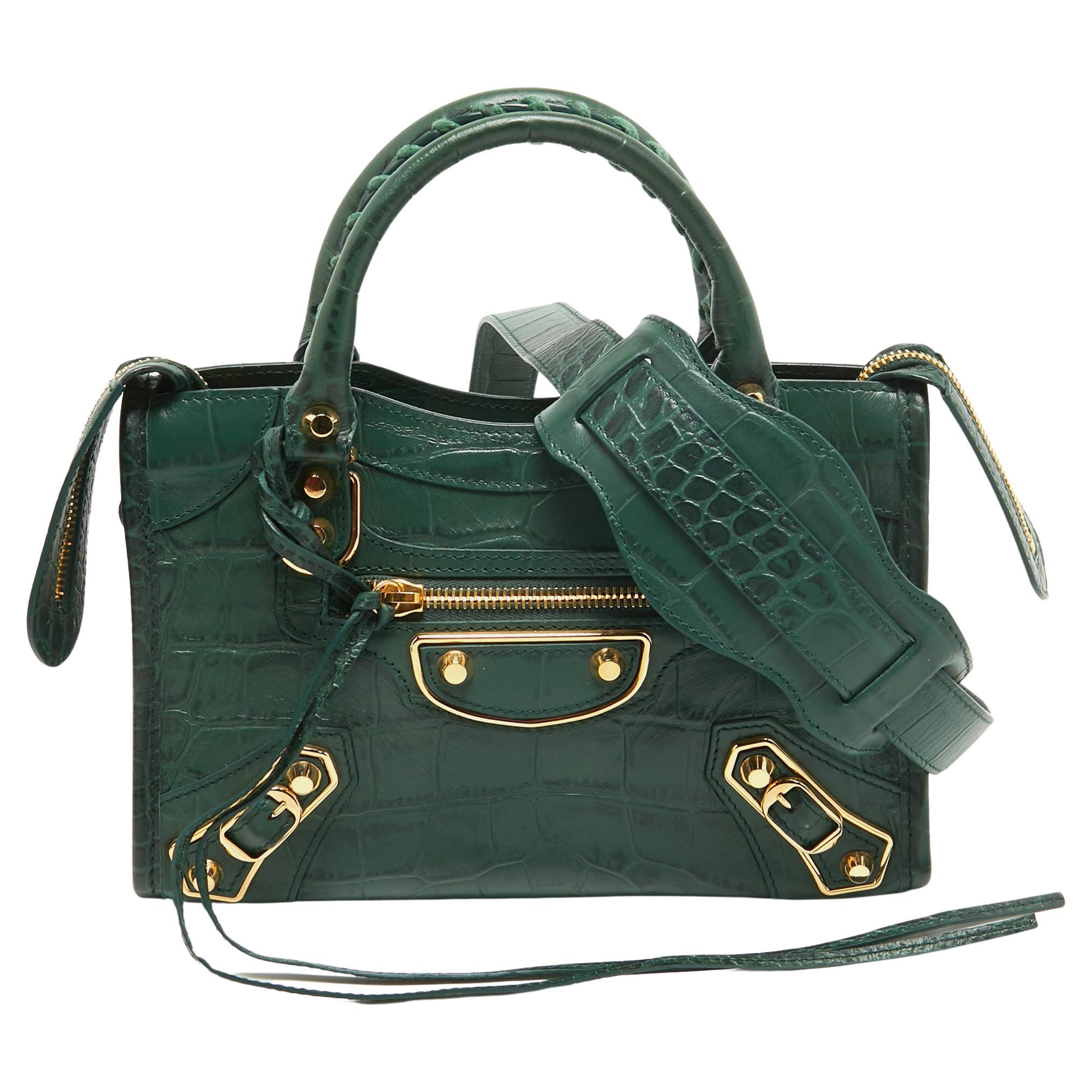Balenciaga Green Croc Embossed Leather Mini Classic Metallic Edge City Bag