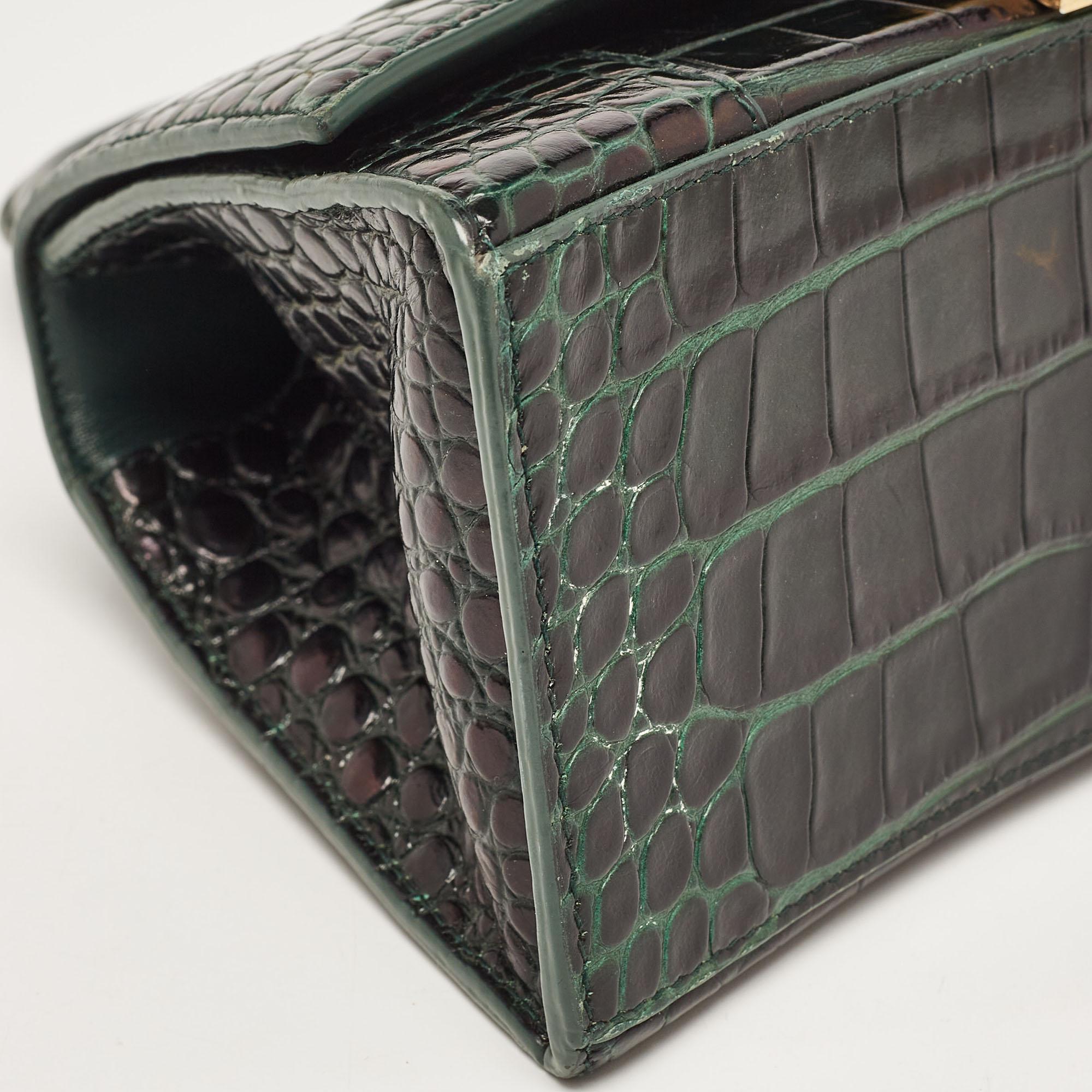 Balenciaga Green Croc Embossed Leather Small Hourglass Top Handle Bag 10