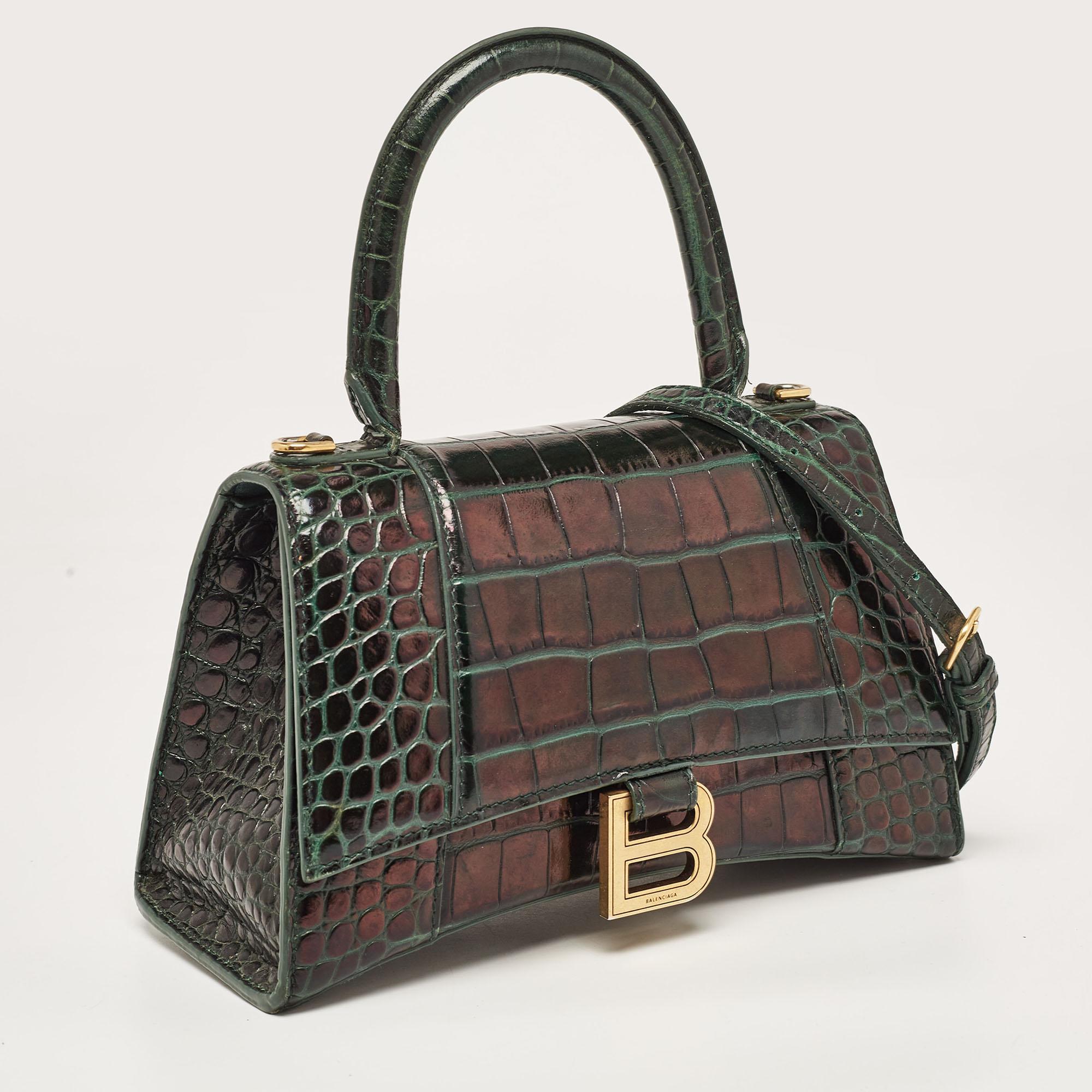 Balenciaga Green Croc Embossed Leather Small Hourglass Top Handle Bag In Excellent Condition In Dubai, Al Qouz 2