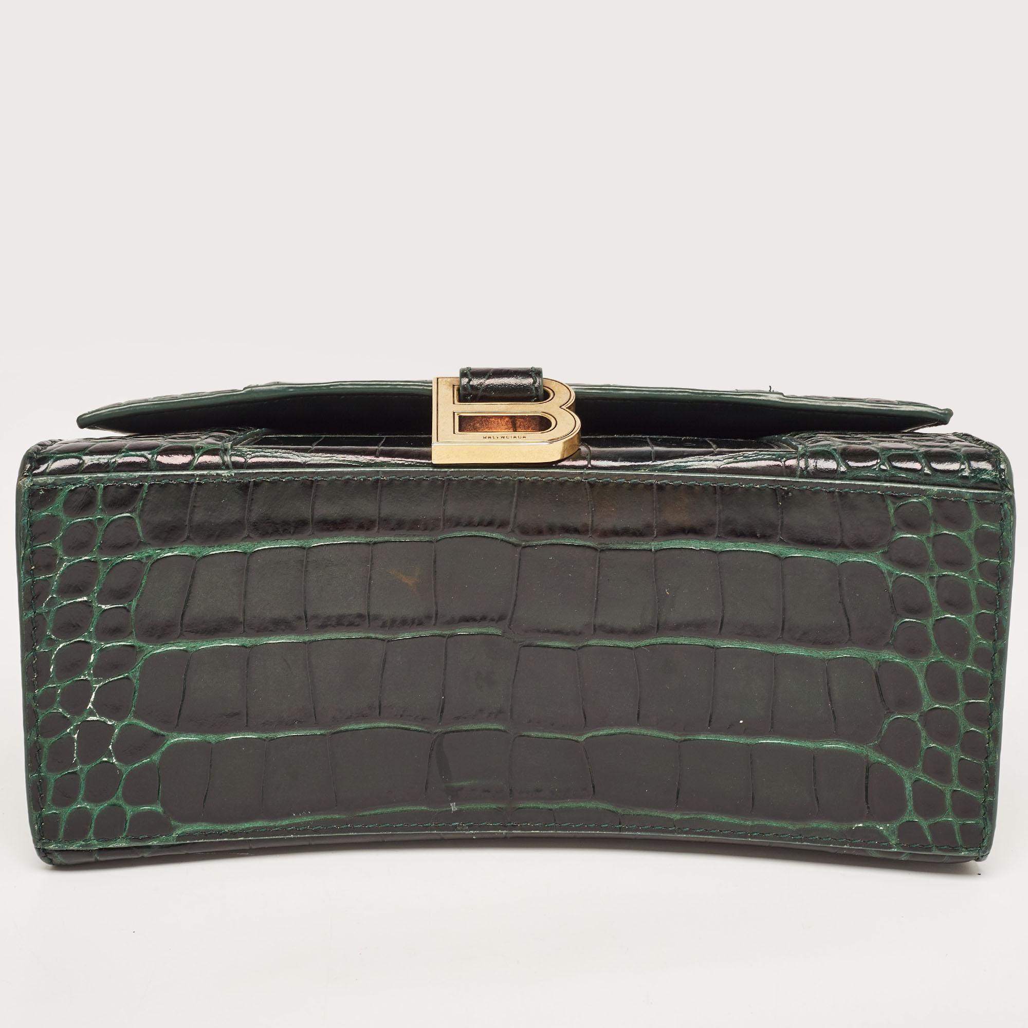 Women's Balenciaga Green Croc Embossed Leather Small Hourglass Top Handle Bag