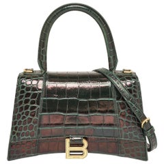 Balenciaga Green Croc Embossed Leather Small Hourglass Top Handle Bag