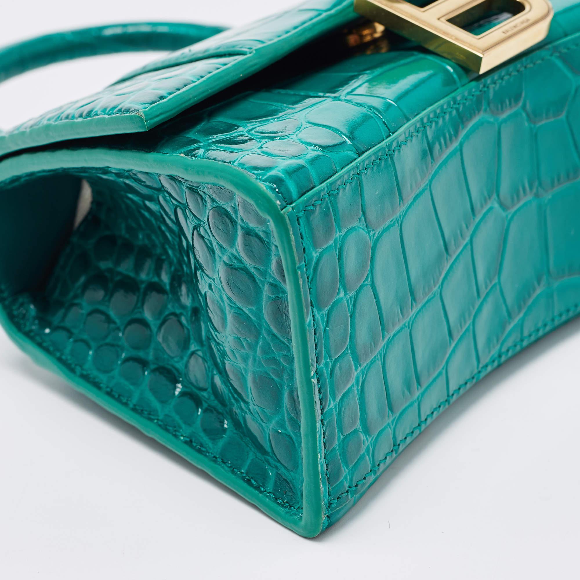 Balenciaga Green Croc Embossed Leather XS Hourglass Top Handle Bag For Sale 7