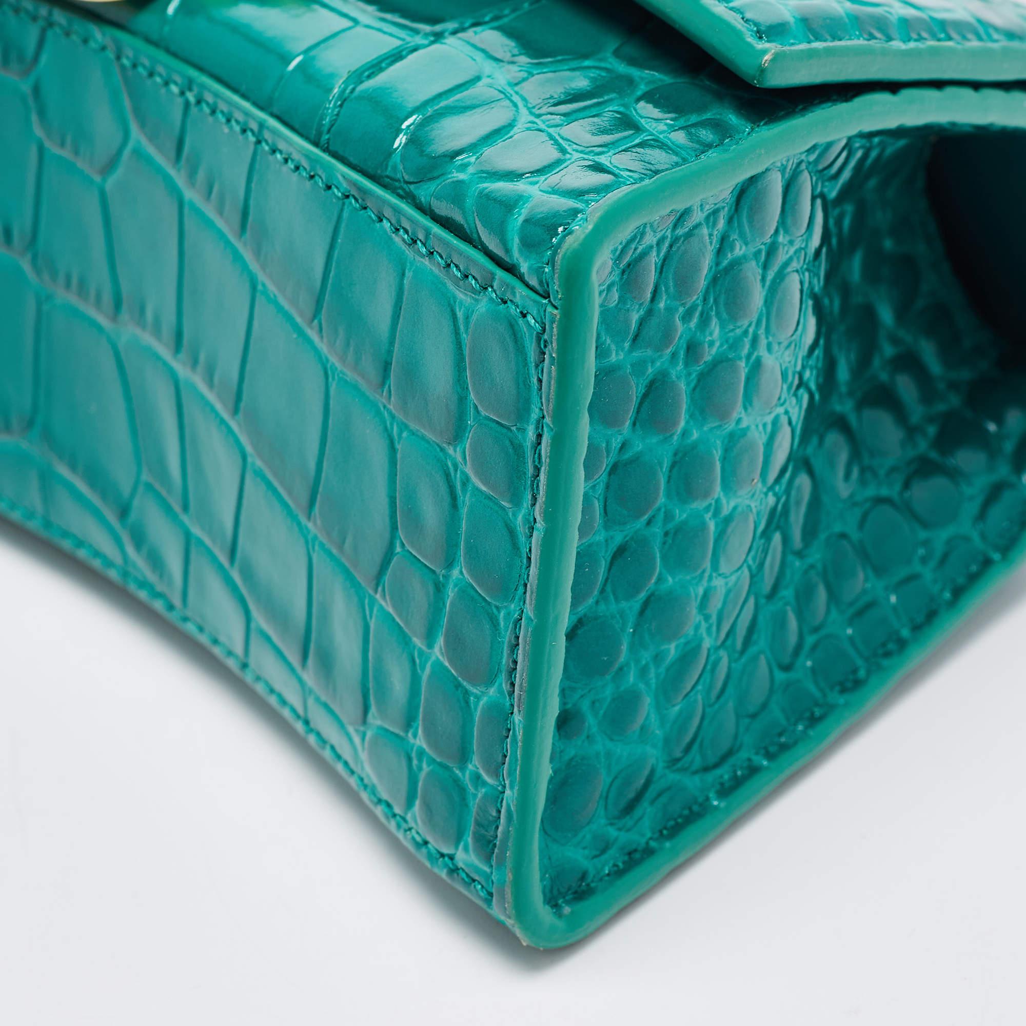 Balenciaga XS Sanduhr-Top Handle Bag aus grünem Leder mit Krokodillederprägung im Angebot 7