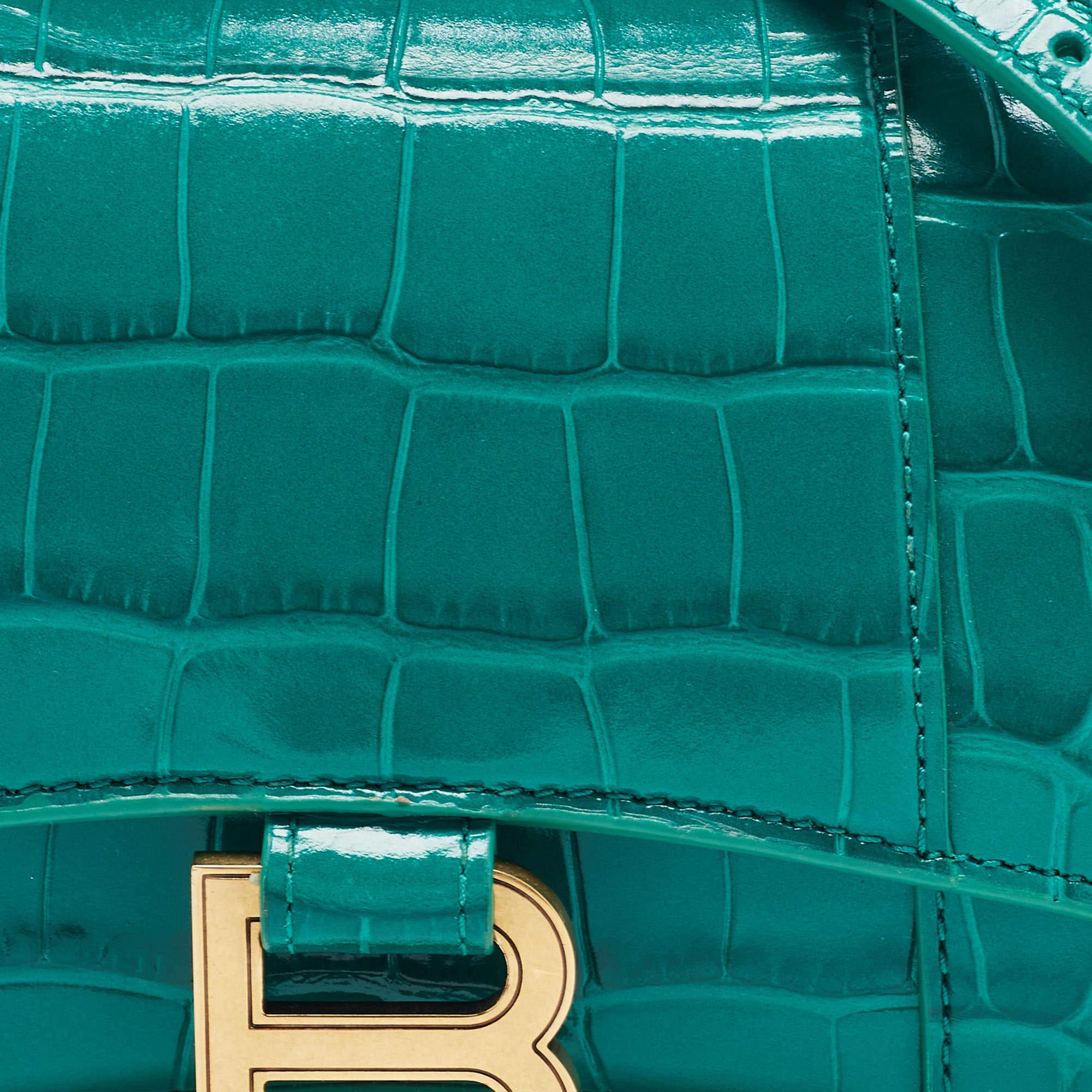 Balenciaga XS Sanduhr-Top Handle Bag aus grünem Leder mit Krokodillederprägung im Angebot 8