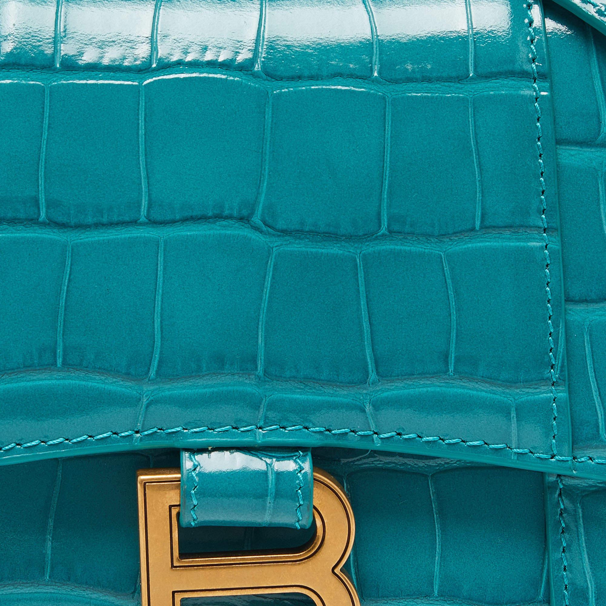 Balenciaga XS Sanduhr-Top Handle Bag aus grünem Leder mit Krokodillederprägung im Zustand „Hervorragend“ im Angebot in Dubai, Al Qouz 2