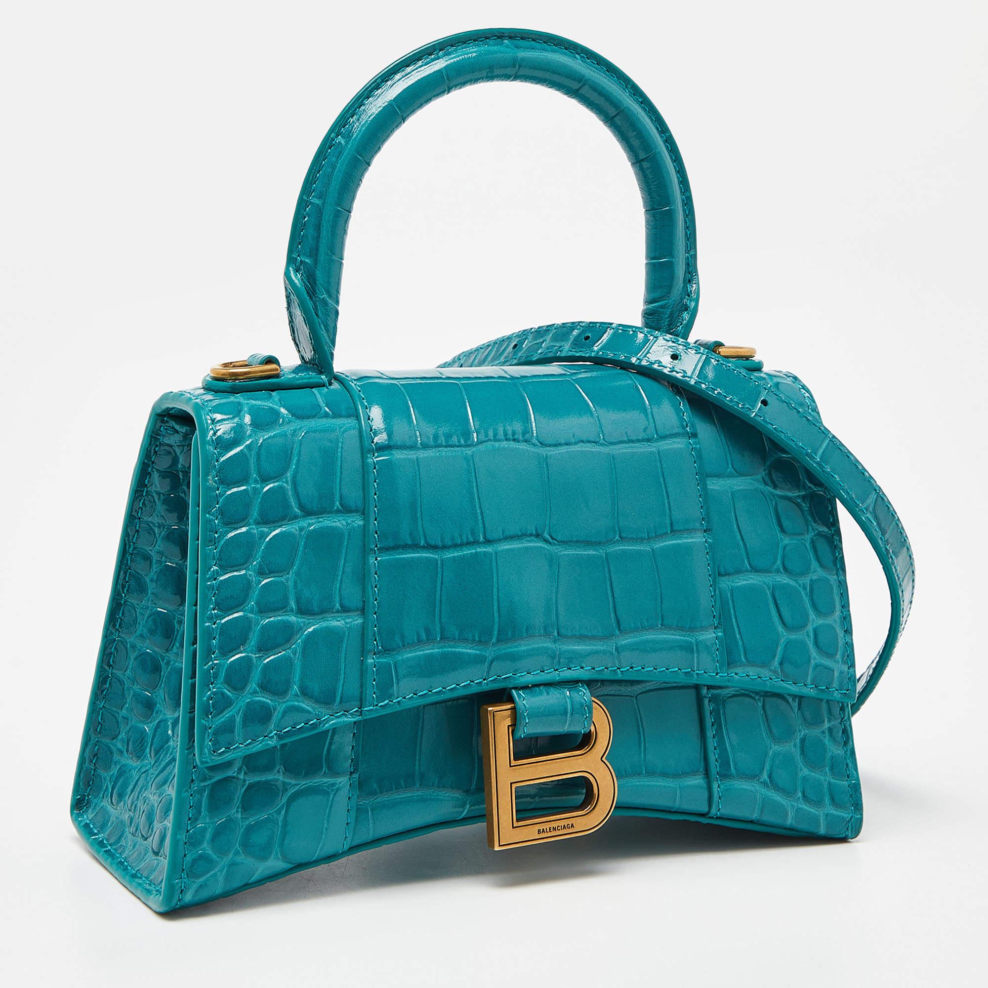 Balenciaga Green Croc Embossed Leather XS Hourglass Top Handle Bag In Excellent Condition In Dubai, Al Qouz 2