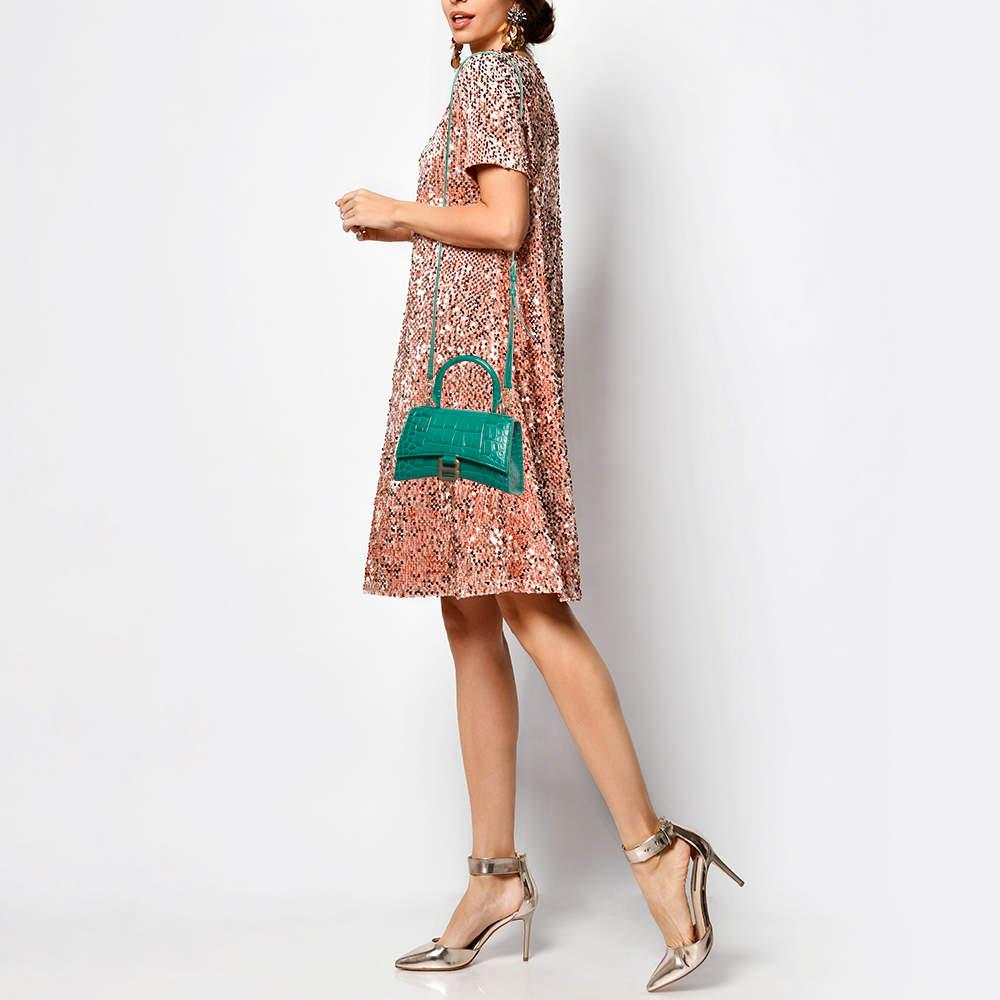 Balenciaga Green Croc Embossed Leather XS Hourglass Top Handle Bag In Good Condition In Dubai, Al Qouz 2