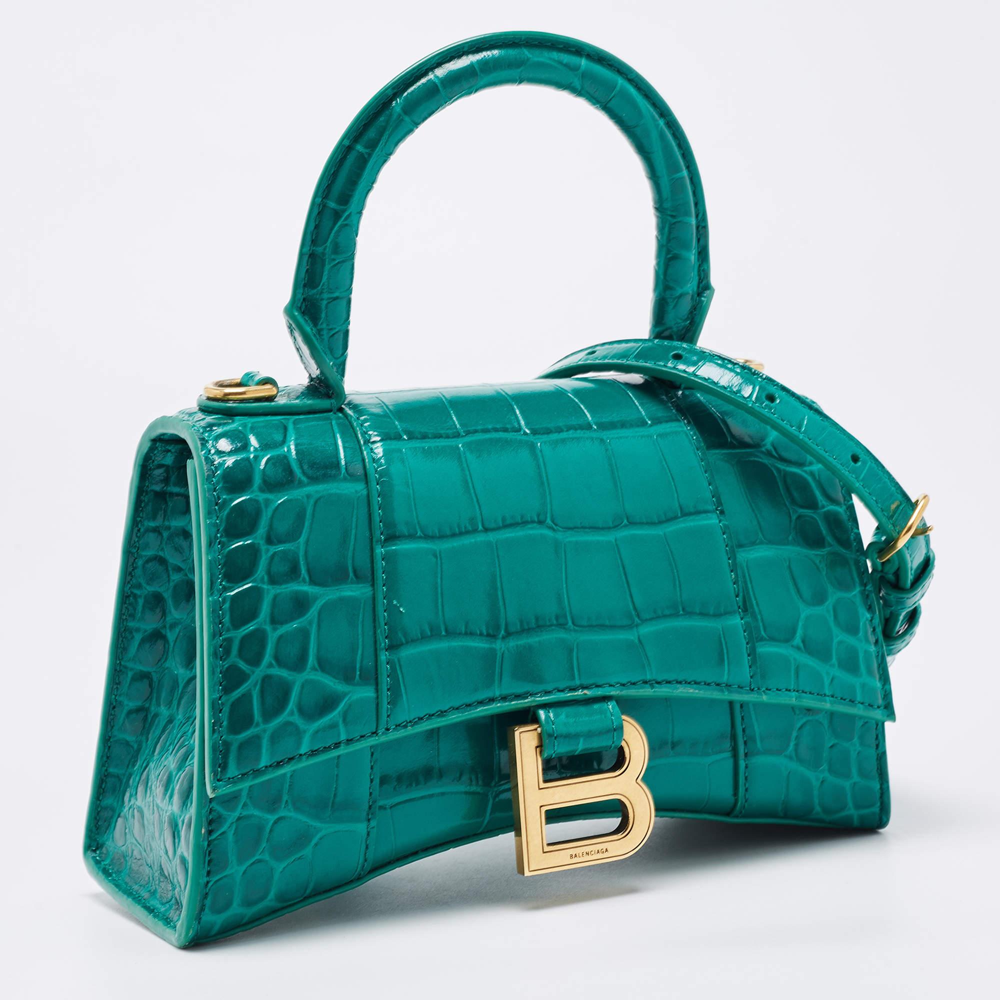 Women's Balenciaga Green Croc Embossed Leather XS Hourglass Top Handle Bag For Sale