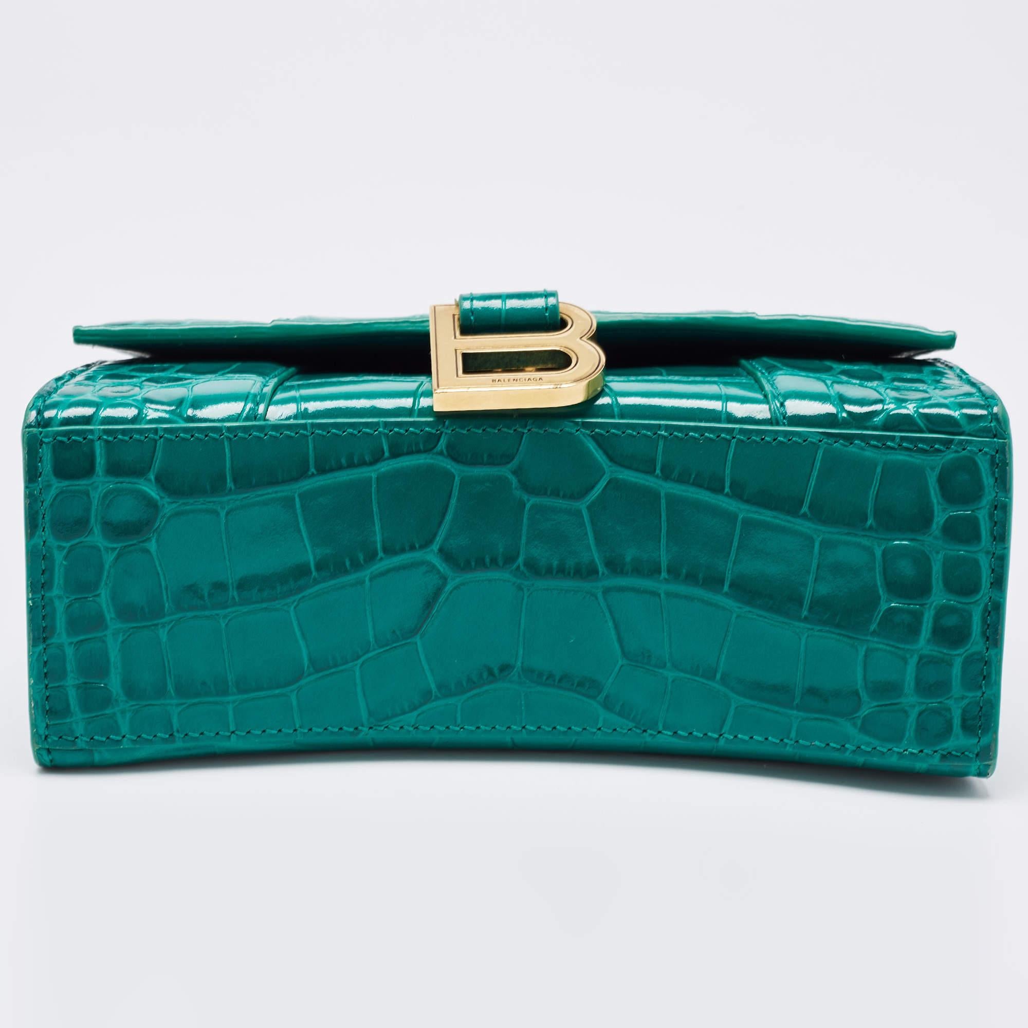 Balenciaga XS Sanduhr-Top Handle Bag aus grünem Leder mit Krokodillederprägung Damen im Angebot