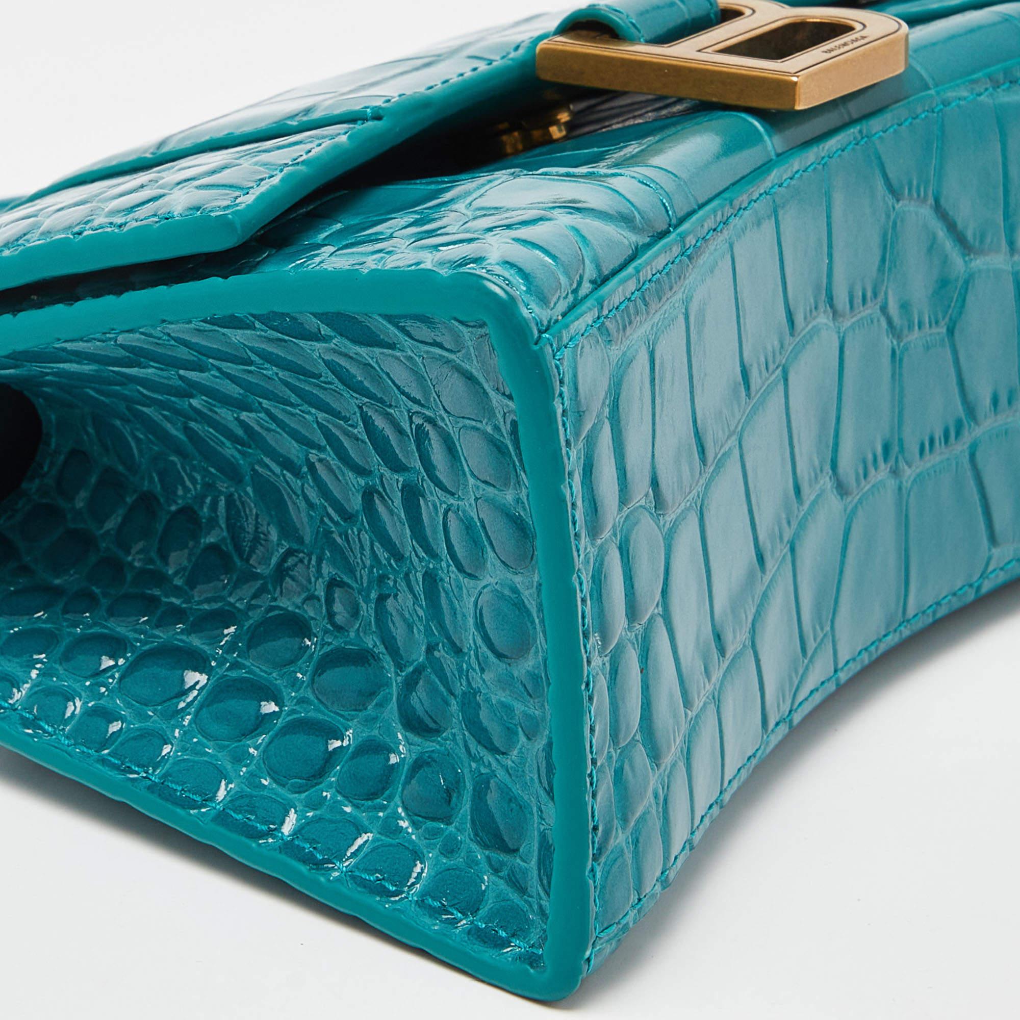 Balenciaga XS Sanduhr-Top Handle Bag aus grünem Leder mit Krokodillederprägung im Angebot 1